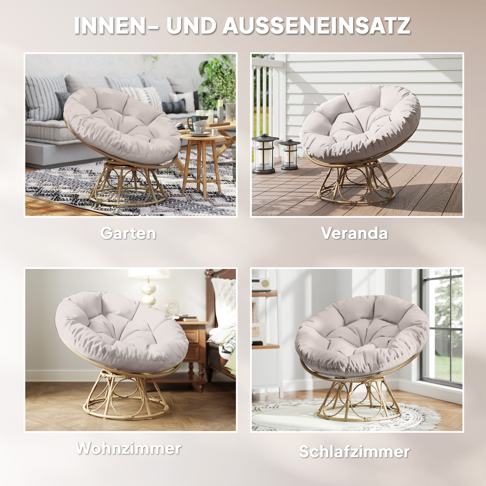 Papasansessel Rattan 360° drehbar Korbsessel mit Sitzkissen runder Outdoor