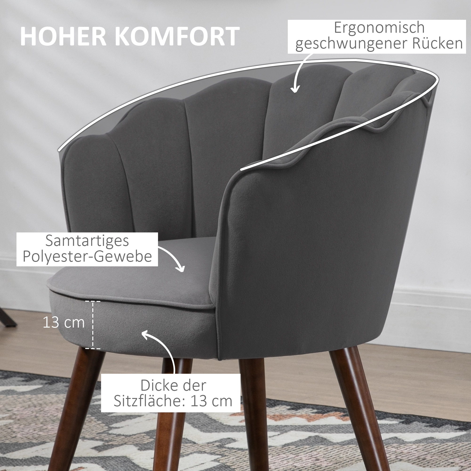 Sessel Wohnzimmer Loungesessel in Muschelform Relaxsessel mit Holzbeine, Polstersessel Lesesessel mit Samtoptik, Polsterstuhl für Schlafzimmer Dunkelgrau