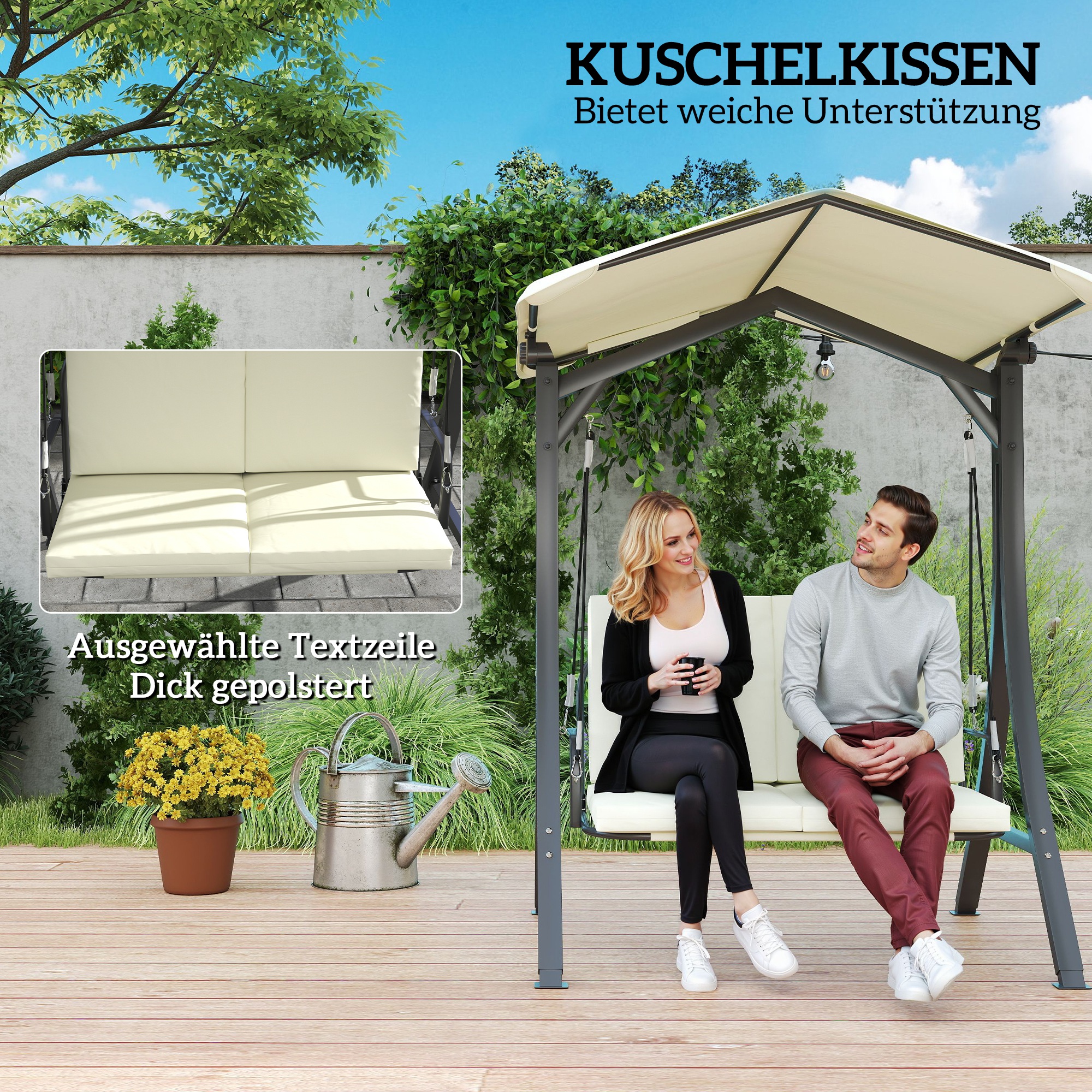 Hollywoodschaukel mit verstellbarem Sonnendach Sitzauflage, 2-Sitzer bis 220kg 150x120x182cm, Cremeweiß