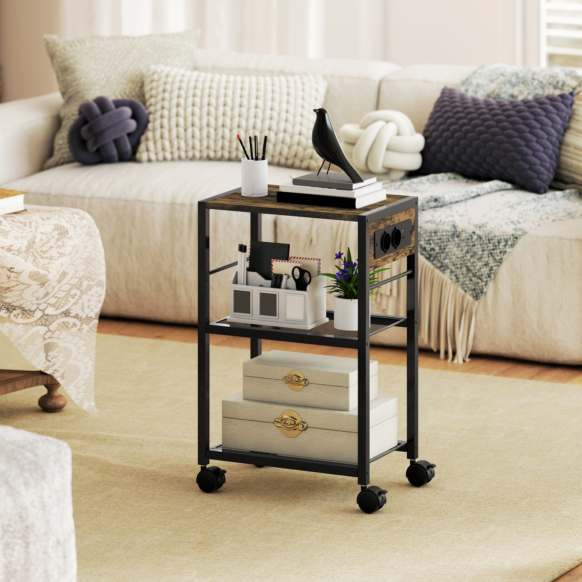 Druckerständer Druckeregal mit Rollen, Steckdosen, USB- und USB-C-Anschlüsse bis 40 kg Rustikalbraun