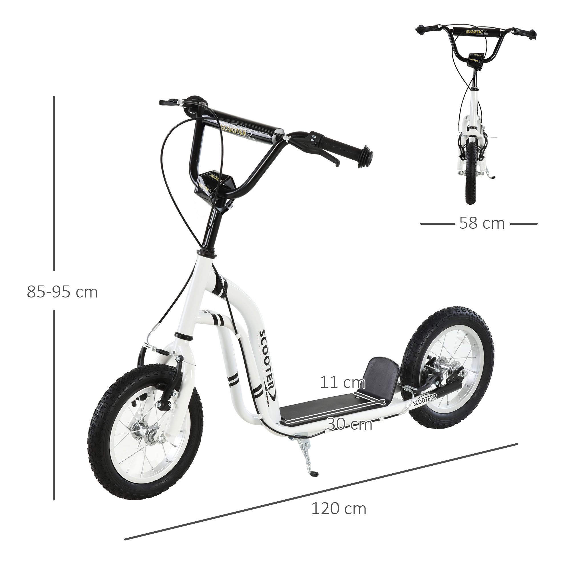 Kinderroller ab 5 Jahre Scooter Kinderscooter Tretroller Cityroller Kinder Roller Kickboard mit Luftreifen 12 Zoll Gummi Aluminium Weiß 120 x 58 x 85-95 cm