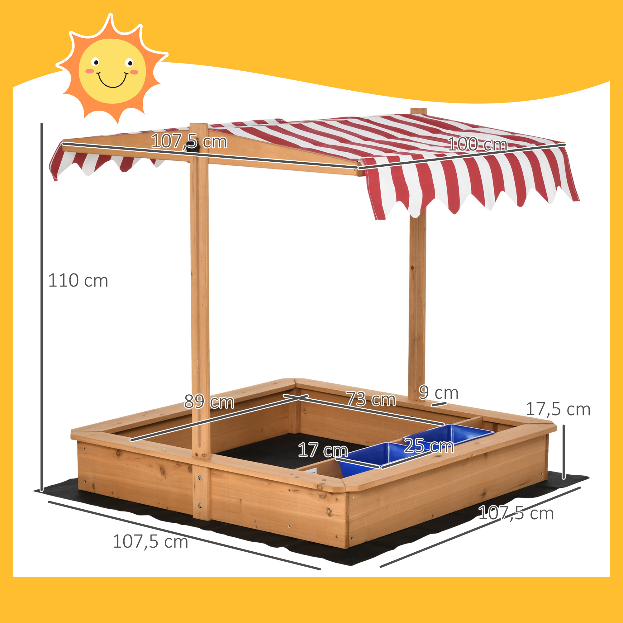 Sandkasten Sandkiste Holz Bodenloses Design Matsch-Bereich für Kinder 3-7 Jahre Sandkasten mit Abdeckung Dach für Garten Terrasse Strand Outdoor Gelb 107,5 x 107,5 x 110 cm