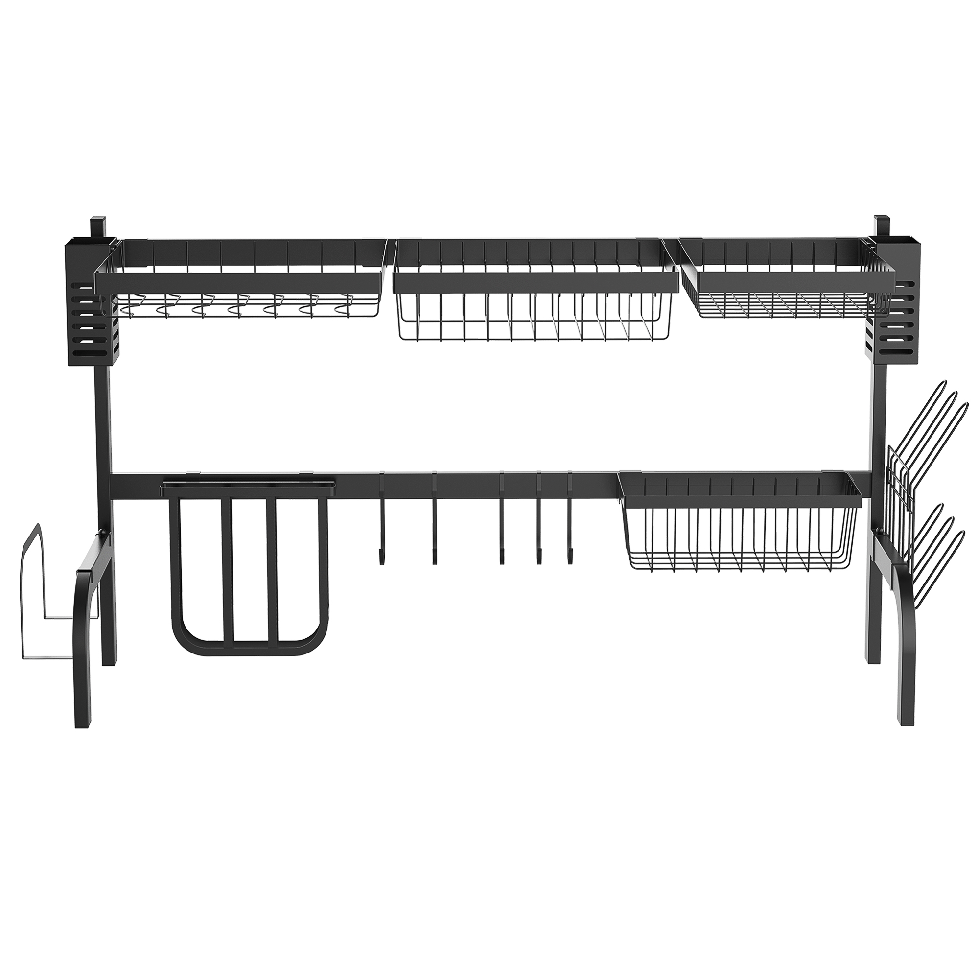 Abtropfgestell Geschirr, 2-stufiges Abtropfständer mit Haken, Tellerregal, Zubehör, 100 cm Stahl, Schwarz