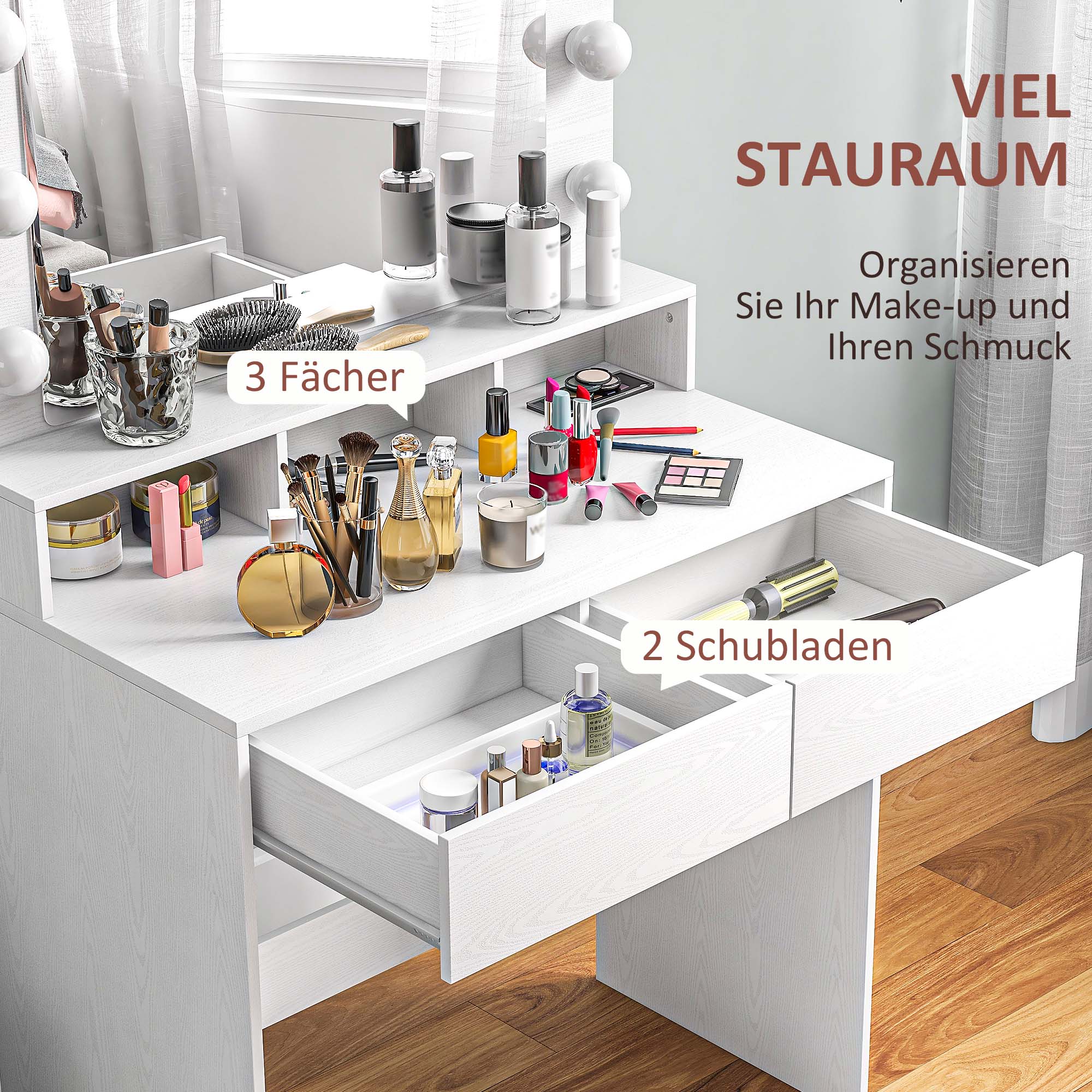 Frisiertisch mit beleuchtetem Spiegel, Schubladen, 3 Lichtoptionen, 10 Glühbirnen, moderner Schminktisch in Weiß