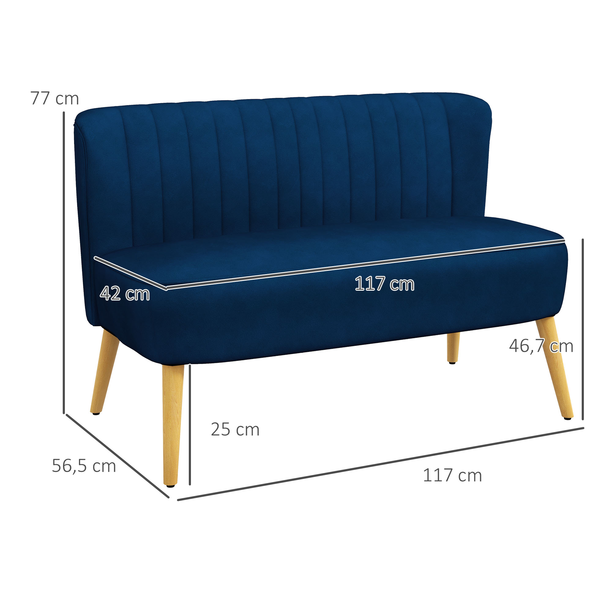 Sofa Retrodesign 2-Sitzer-Sofa, Holzbeine, 117 cm x 56,5 cm x 77 cm, Blau