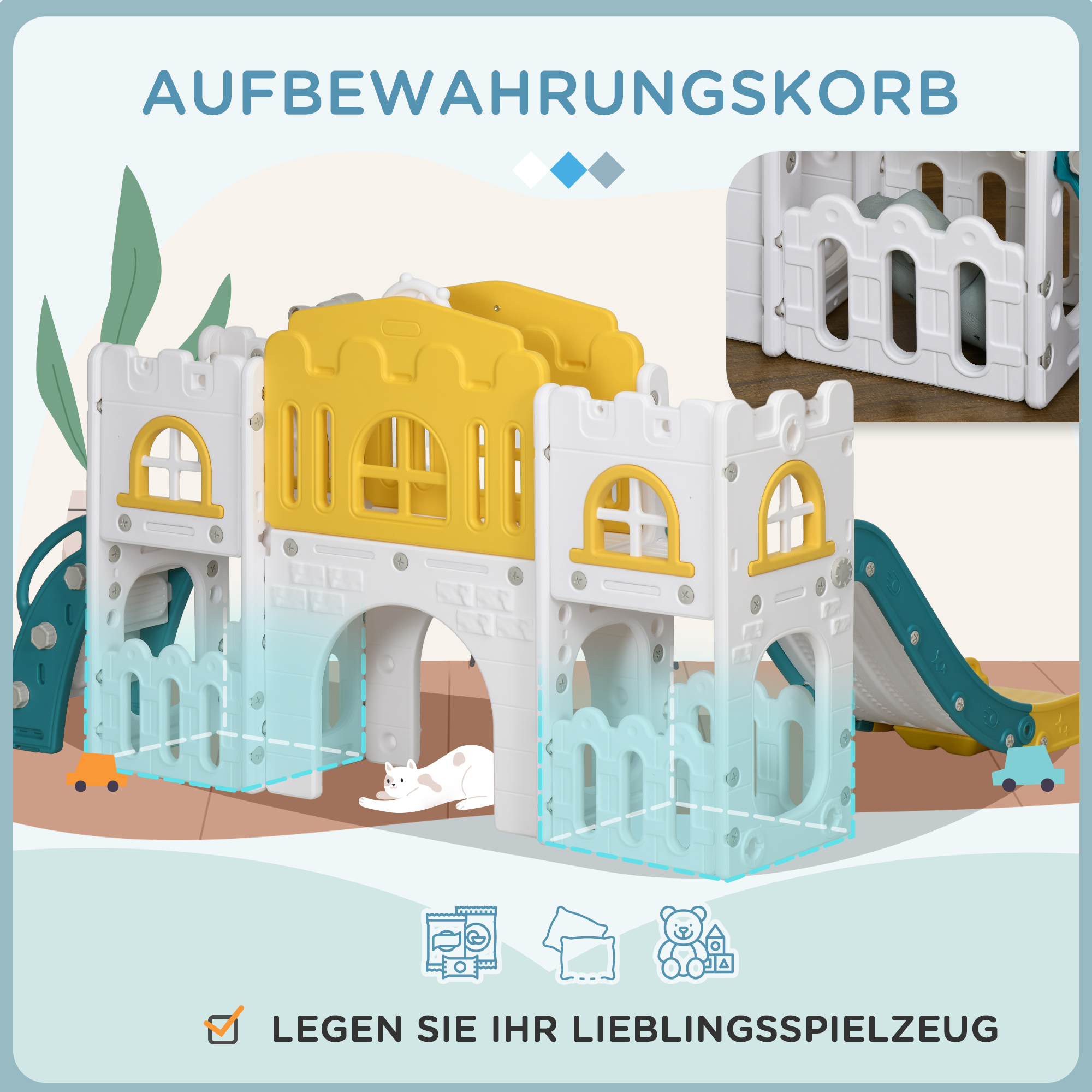 Kinderrutsche, 7-in-1 Spielgerüst, mit Basketball & Lenkrad, für 1-3 Jahre, 178x177x99cm, Gelb/Weiß/Grün