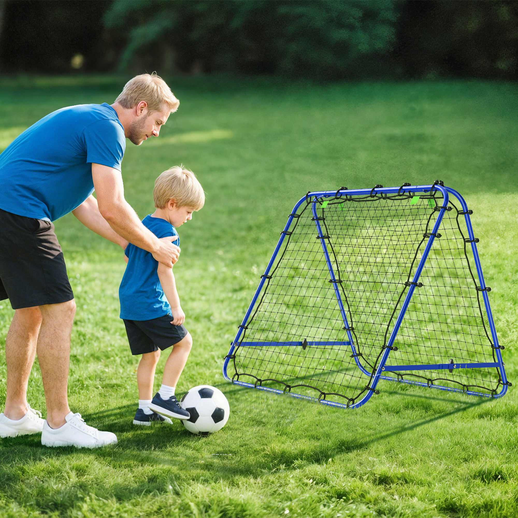 Rebounder für Fußball, verstellbar Prellwand mit 5 Winkelpositionen und Rückprallwand Netz, 100 x 68-95cm Kickback Tor Fußballtor für Jugendliche, Rückprallwand für Handball Training, Blau