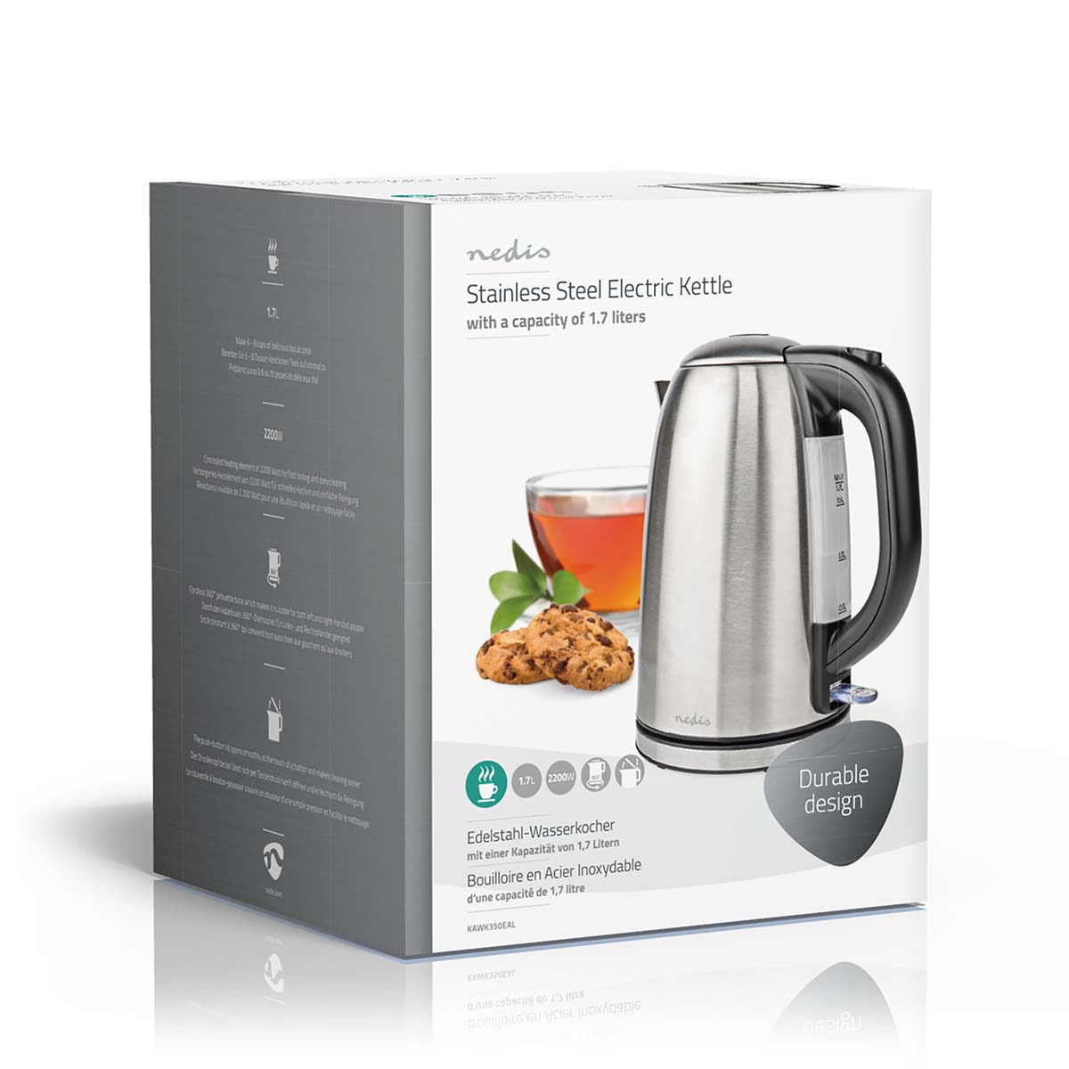 Wasserkocher | 1.7 l | Edelstahl | schwarz / Silber | Um 360 Grad drehbar | Verdecktes Heizelement | Strix Controller | Boil-dry protection