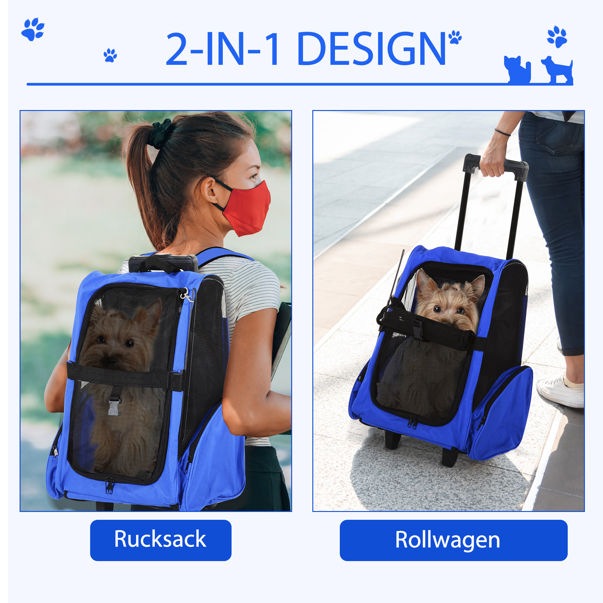 Hundetransporttasche, Haustierrucksack, 2-in-1-Design, ausziehbarer Griff, Seitentaschen, Blau, 42 x 25 x 55cm