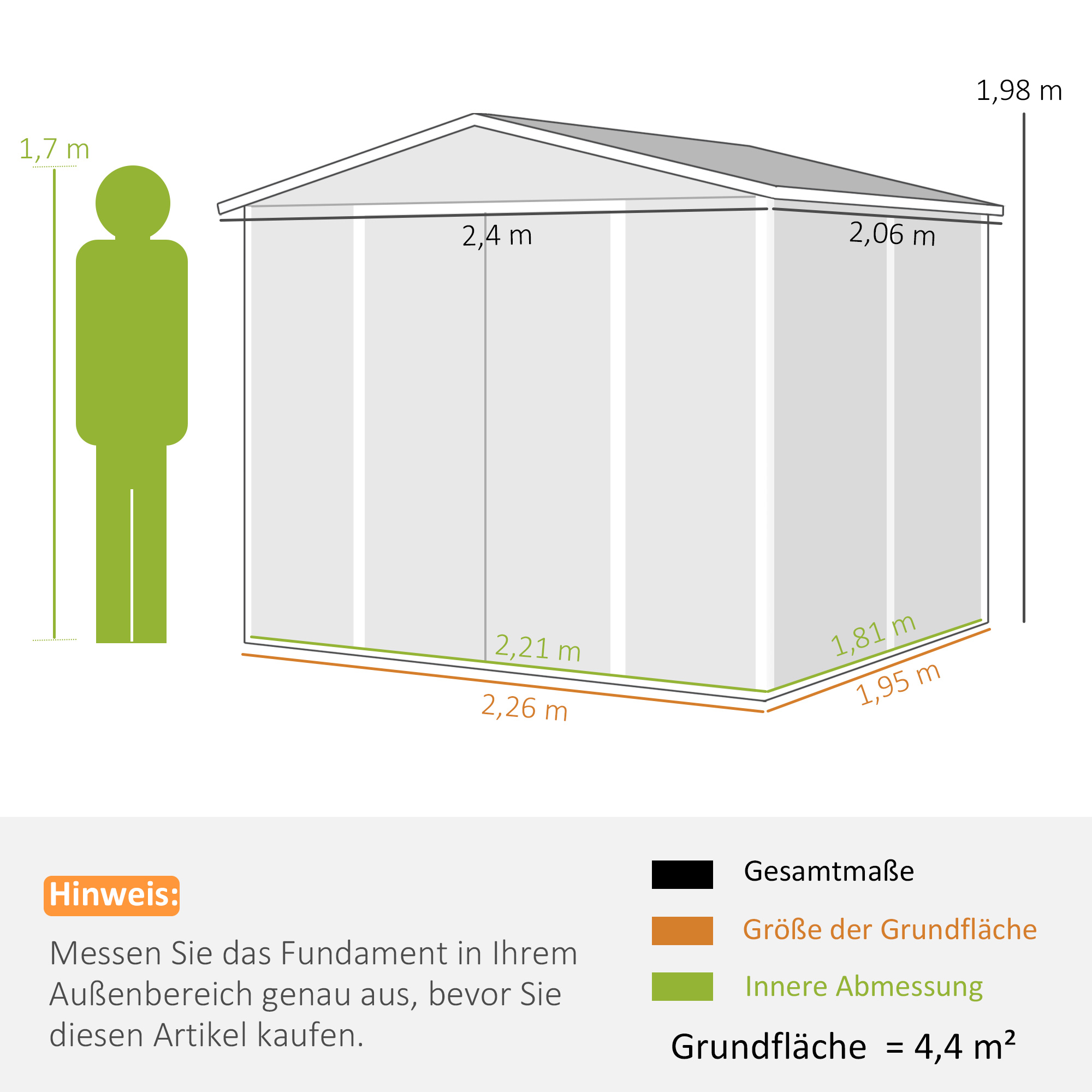 Geräteschuppen, aus Metall, wetterfest & rostfrei, abschließbar,  2,40 x 2,06 x 1,98 m, Hellgrau