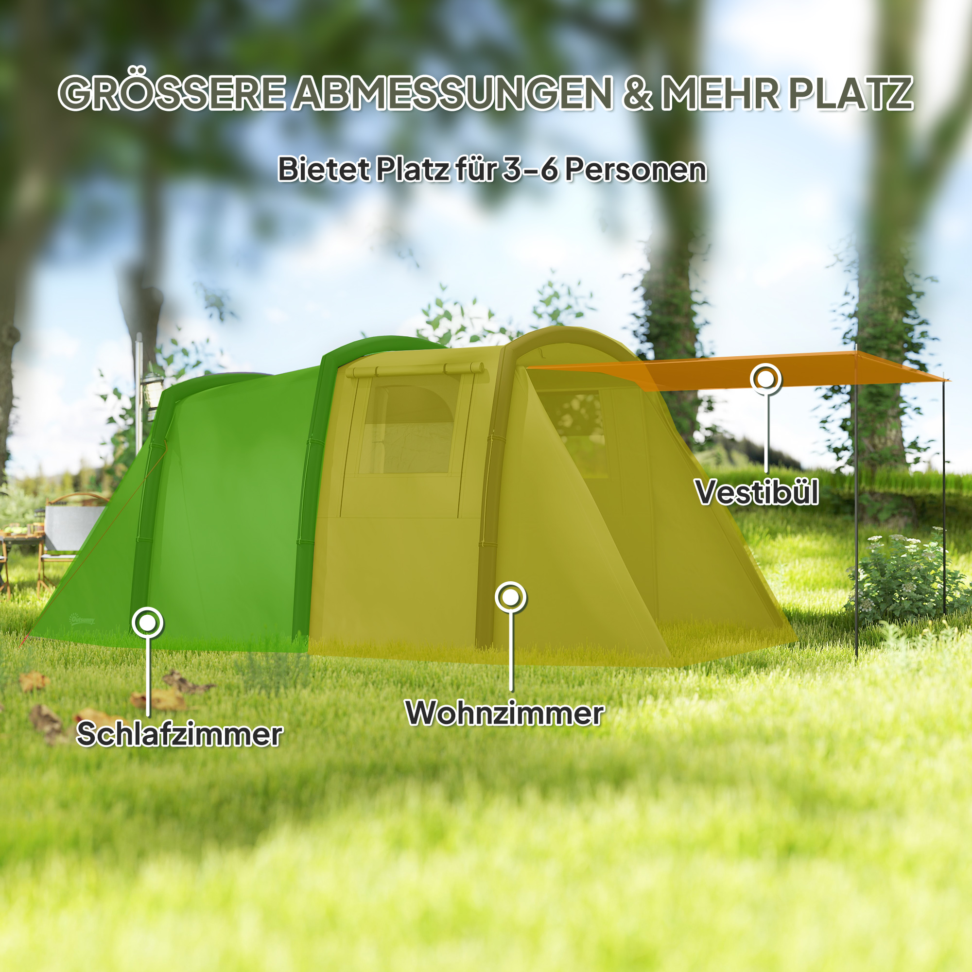 aufblasbares Campingzelt, 3-6 Personen Outdoor Tunnelzelt mit Seitenfenstern Tür Luftträger 4,4 x 2,8 x 1,95 m Grün