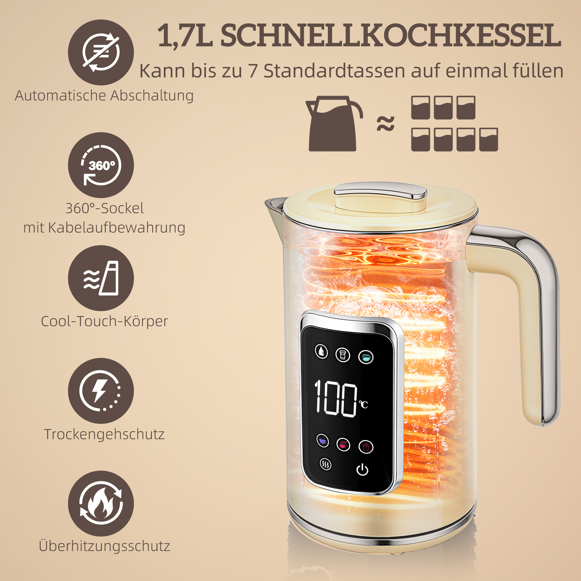 Wasserkocher und Toaster-Set mit LED-Touchscreen, 1,7 L, 2 Toasterschlitze, verschiedene Modi und Funktionen, Cremeweiß