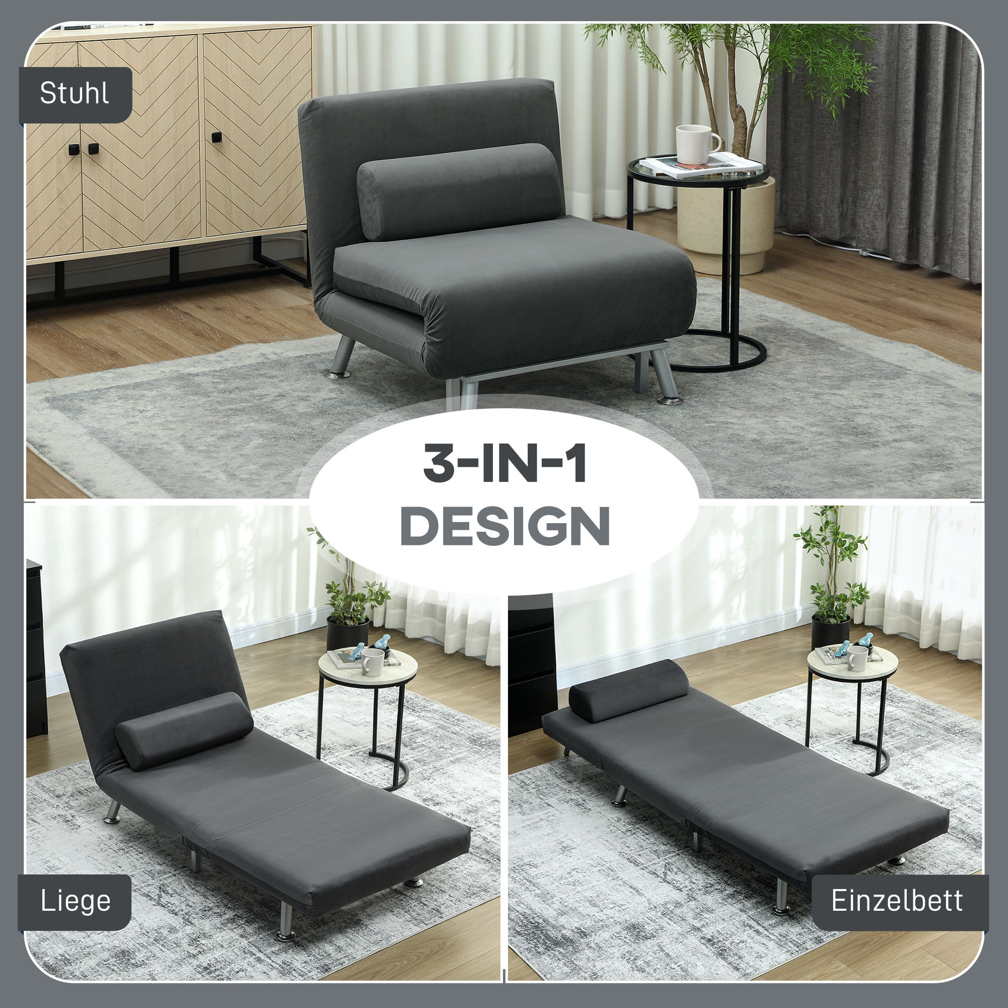 Klappsessel mit Bettfunktion, klappbarer Relaxsessel in Samtoptik, Verstellbare Rückenlehne, 75 x 70 x 75 cm, Dunkelgrau