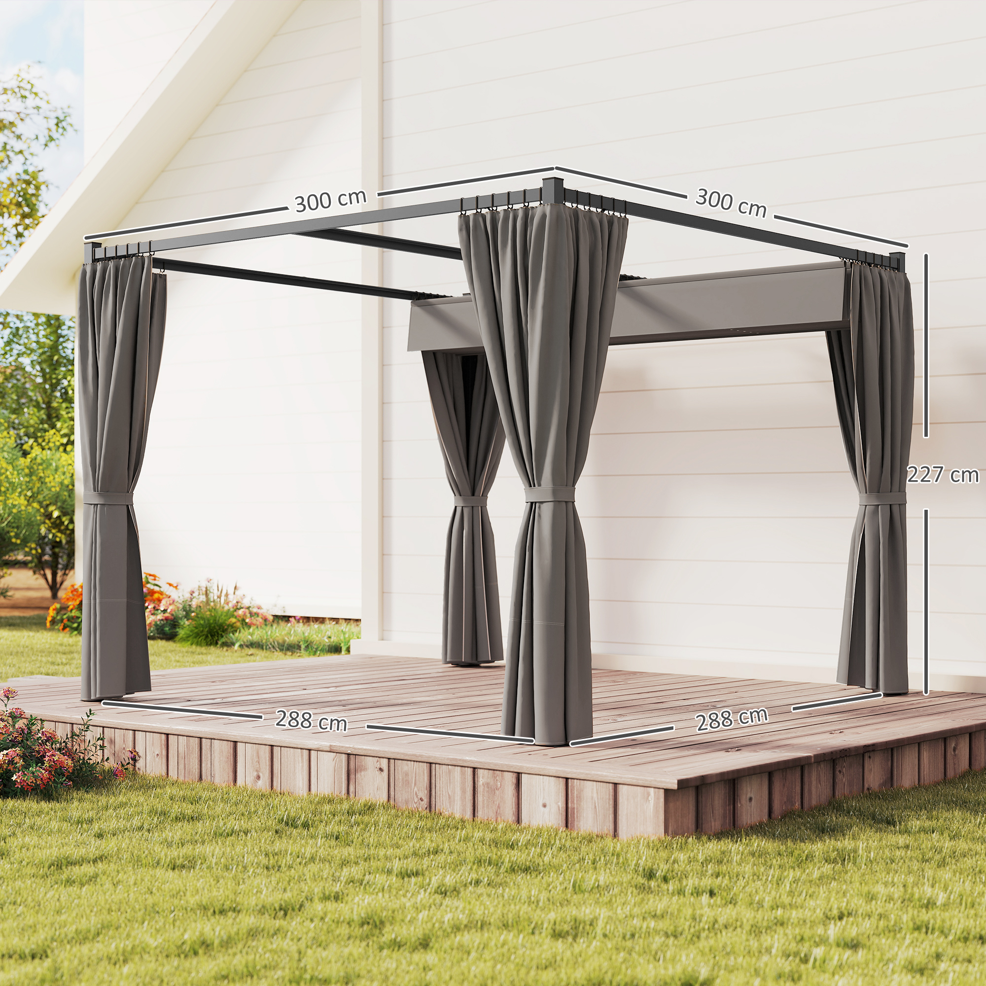 Pergola 3 x 3 m Freistehend Terrassenüberdachung mit Schiebedach, 4 Seitenwände UV-beständig Hellgrau