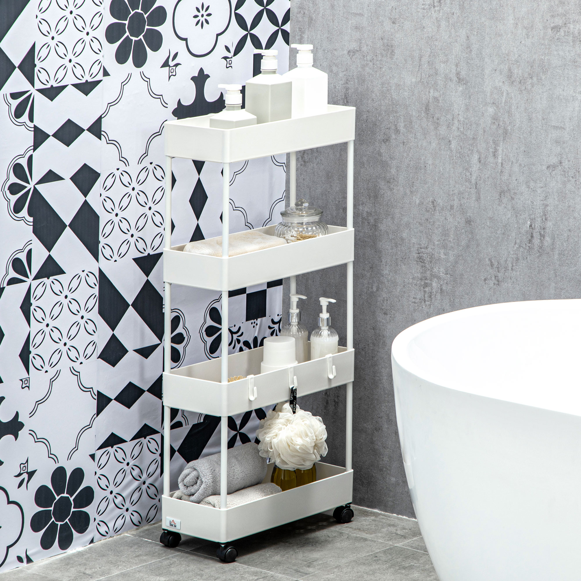 Küchenwagen mit 4 Regalen, 4 flexiblen Haken, 4 Rollen, 40 cm x 19 cm x 90 cm, Nischenwagen, Weiß