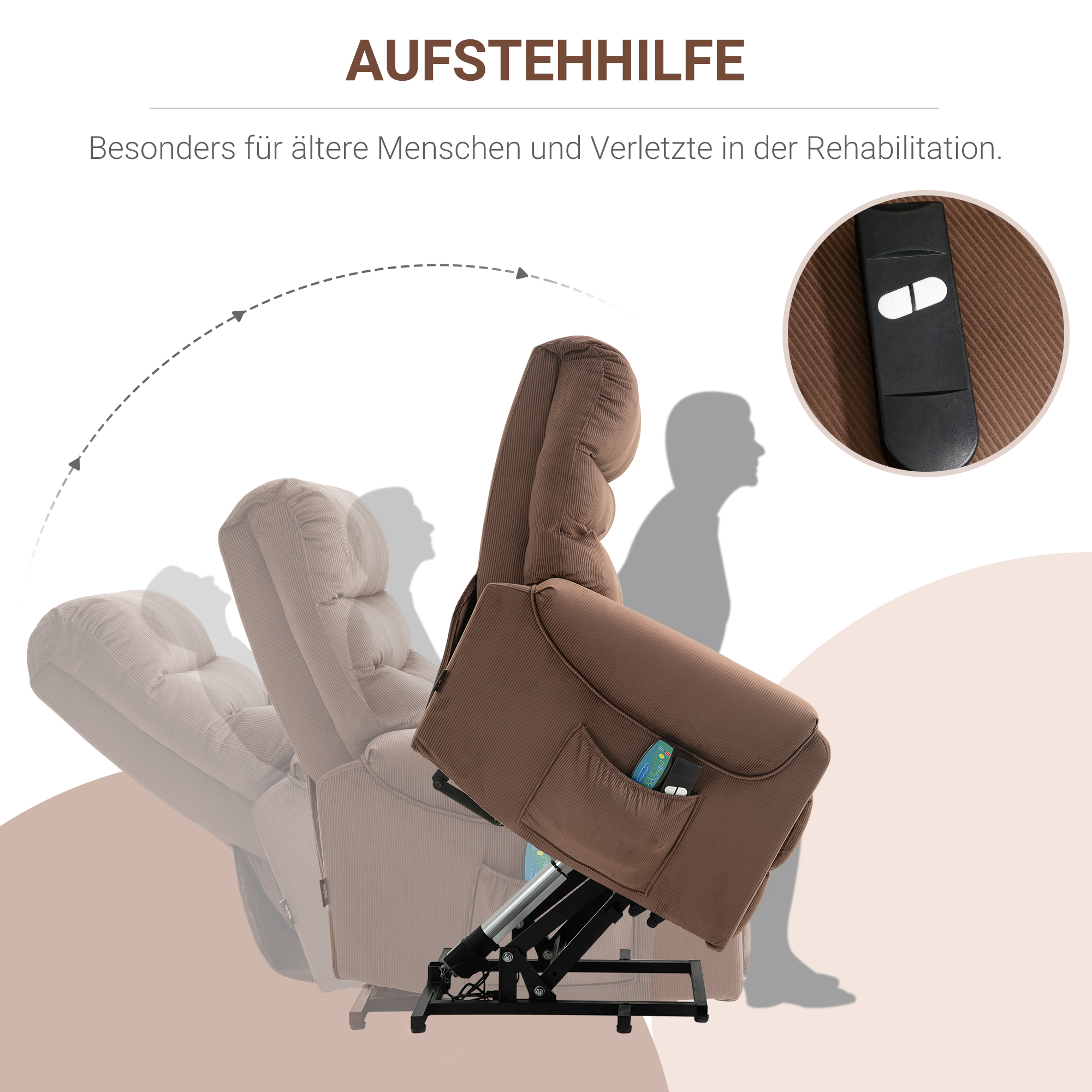 Fernsehsessel mit Aufstehhilfe Elektrisch, Massagesessel mit Liegefunktion und Wärmefunktion, Relaxsessel mit Fernbedienung und Seitentasche Verstellbar Polyester-Gewebe Braun