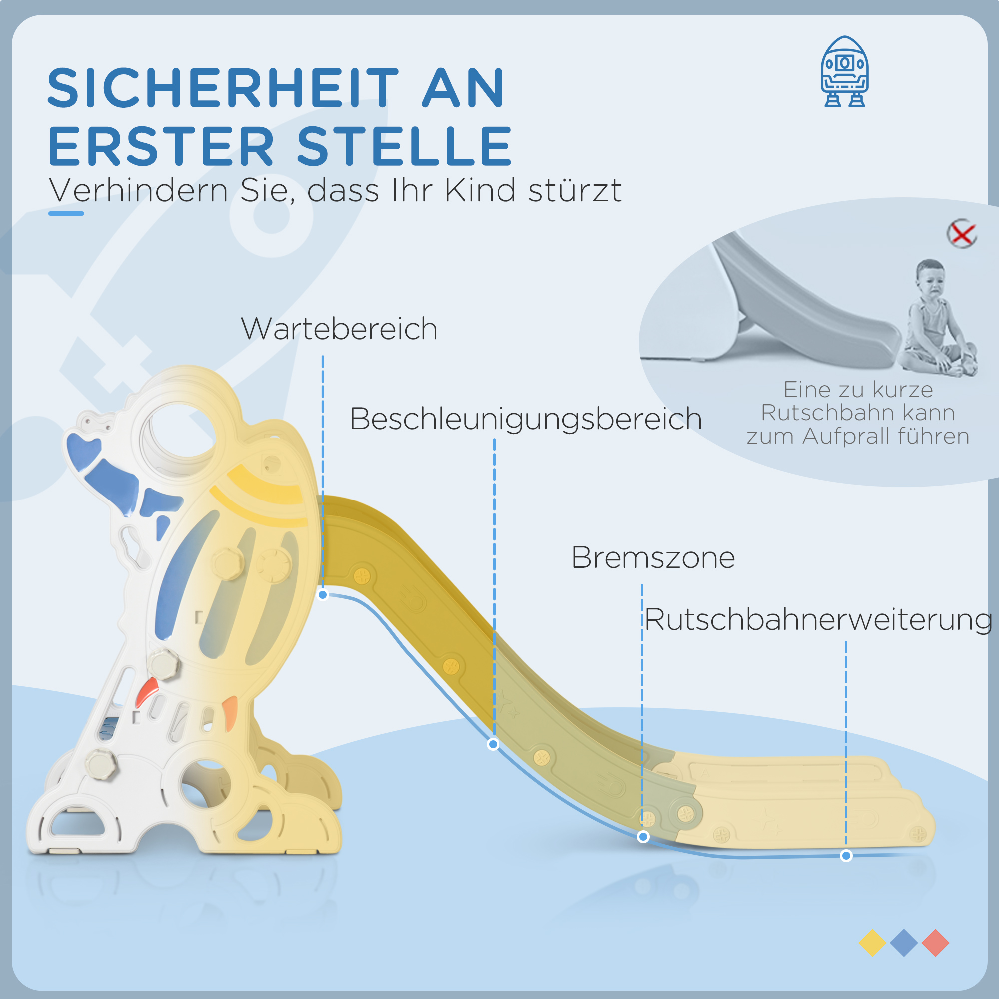 Rutsche für Kinder 1,5 bis 3 Jahre, Raketen-Design, Sticker-Set, blau, 157 x 46,5 x 80 cm