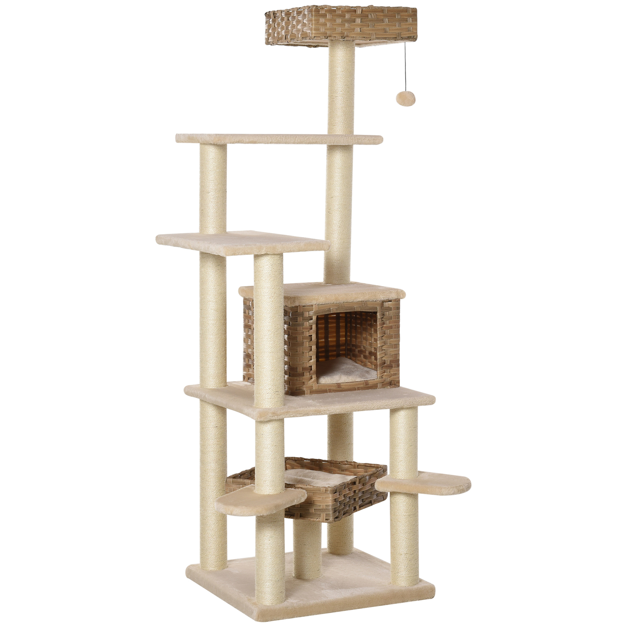 Rattan Kratzbaum mit Katzenhöhle Mehrstufiger Katzenbaum Kletterbaum für Katzen E1 MDF Sisal Beige+Braun 55 x 55 x 174 cm