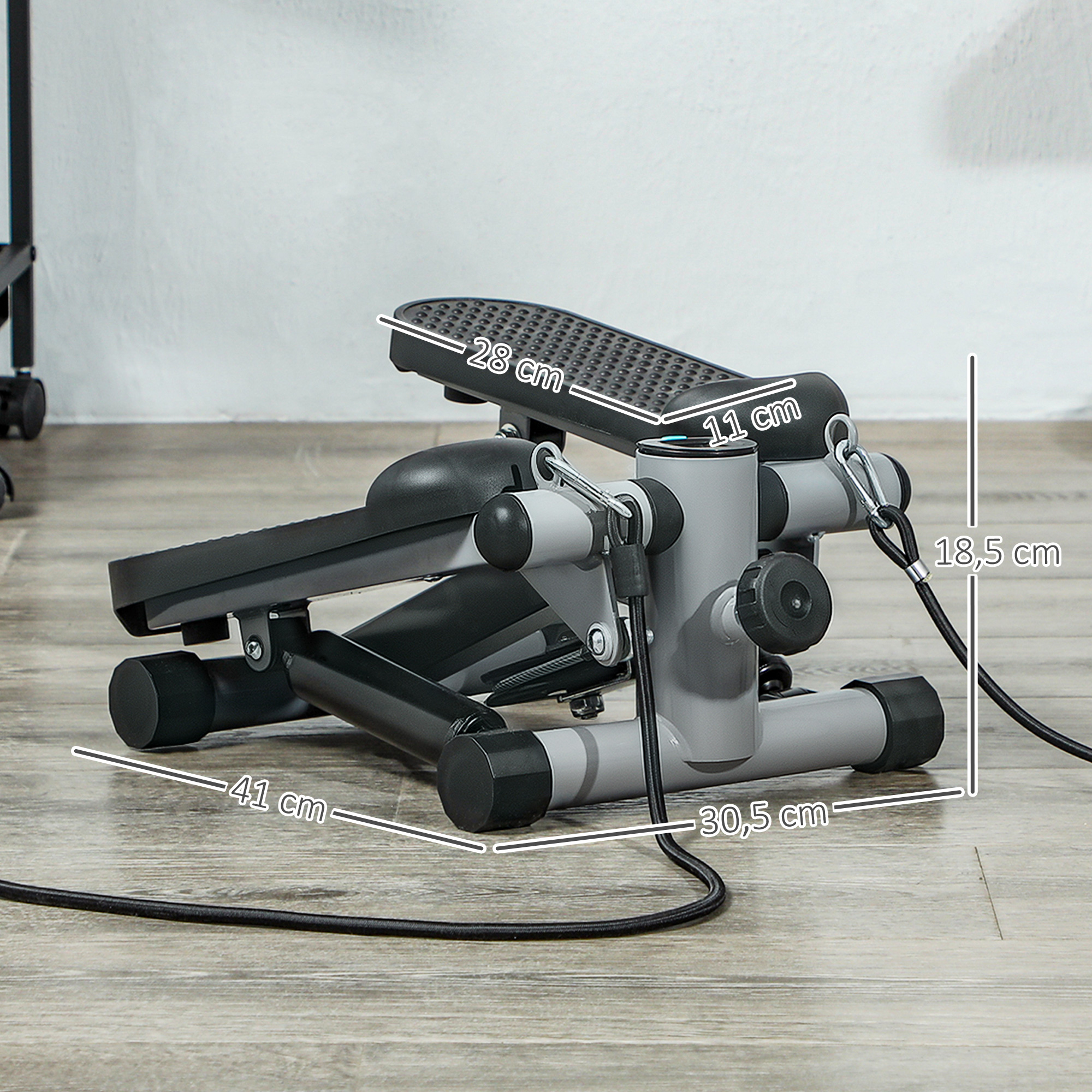 2 in 1 Mini-Stepper für Zuhause mit Power Ropes, LCD-Display Up-Down Swing Stepper 41 x 30,5 x 18,5 cm Grau