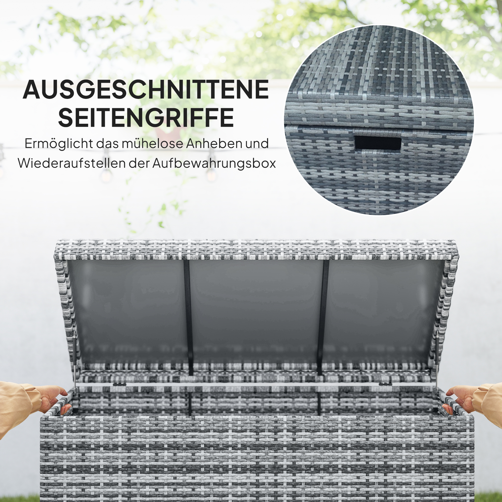 Rattan Auflagenbox 380L wetterfest Kissenbox mit Deckel Stauraum UV-beständig 130 x 61 x 65 cm Dunkelgrau