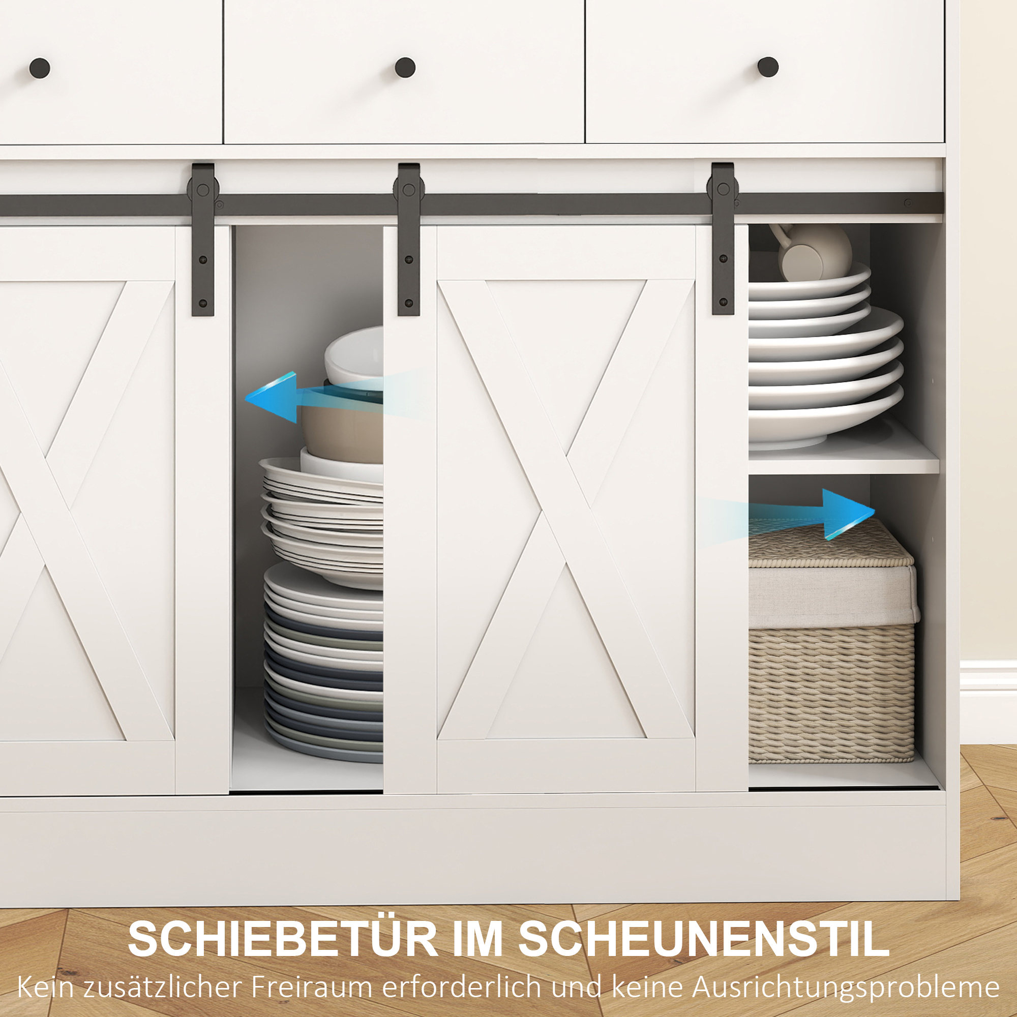 Küchenschrank mit Regalen, Schränken, Schubladen und Ablagefläche, Bauernhaus-Flair, verstellbare Regale, Holz, Weiß
