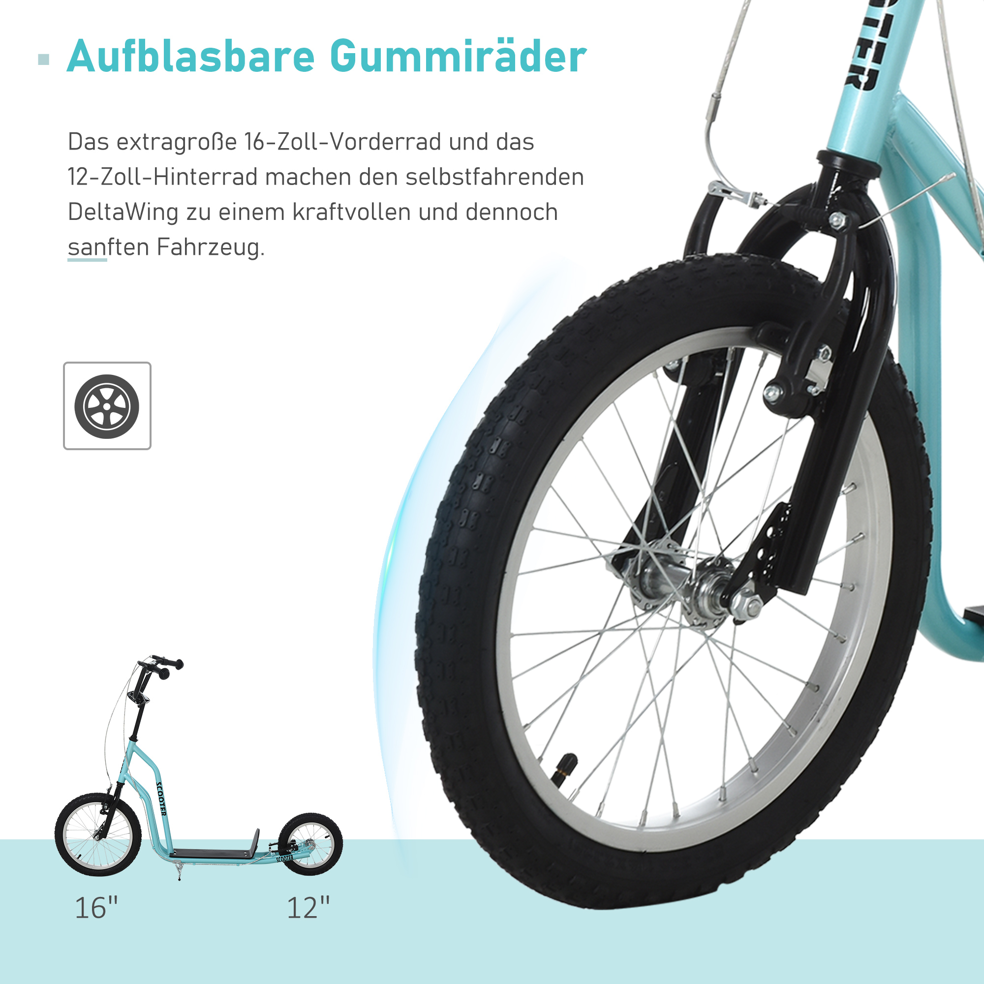 Kinderroller ab 5 jahre Scooter Tretroller Cityroller Kinder Roller Kickboard mit Luftreifen16/12 Zoll Blau 135 x 58 x 88-94 cm