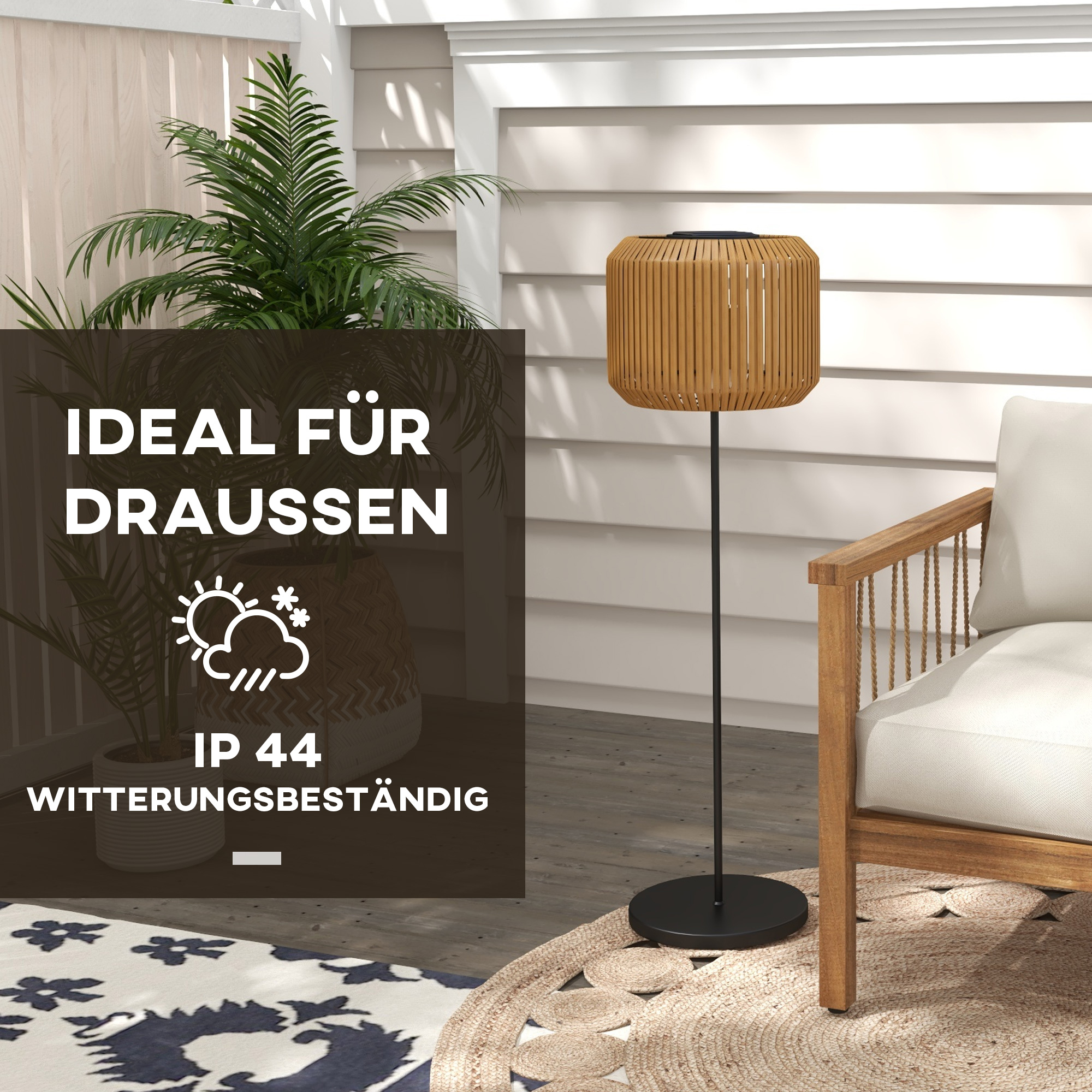 Rattan Außenleuchte, Solar Gartenlampe, Einschaltautomatik, LED, wetterfest, Metallrahmen, Ø34 x 130cm, Schwarz/Gelb