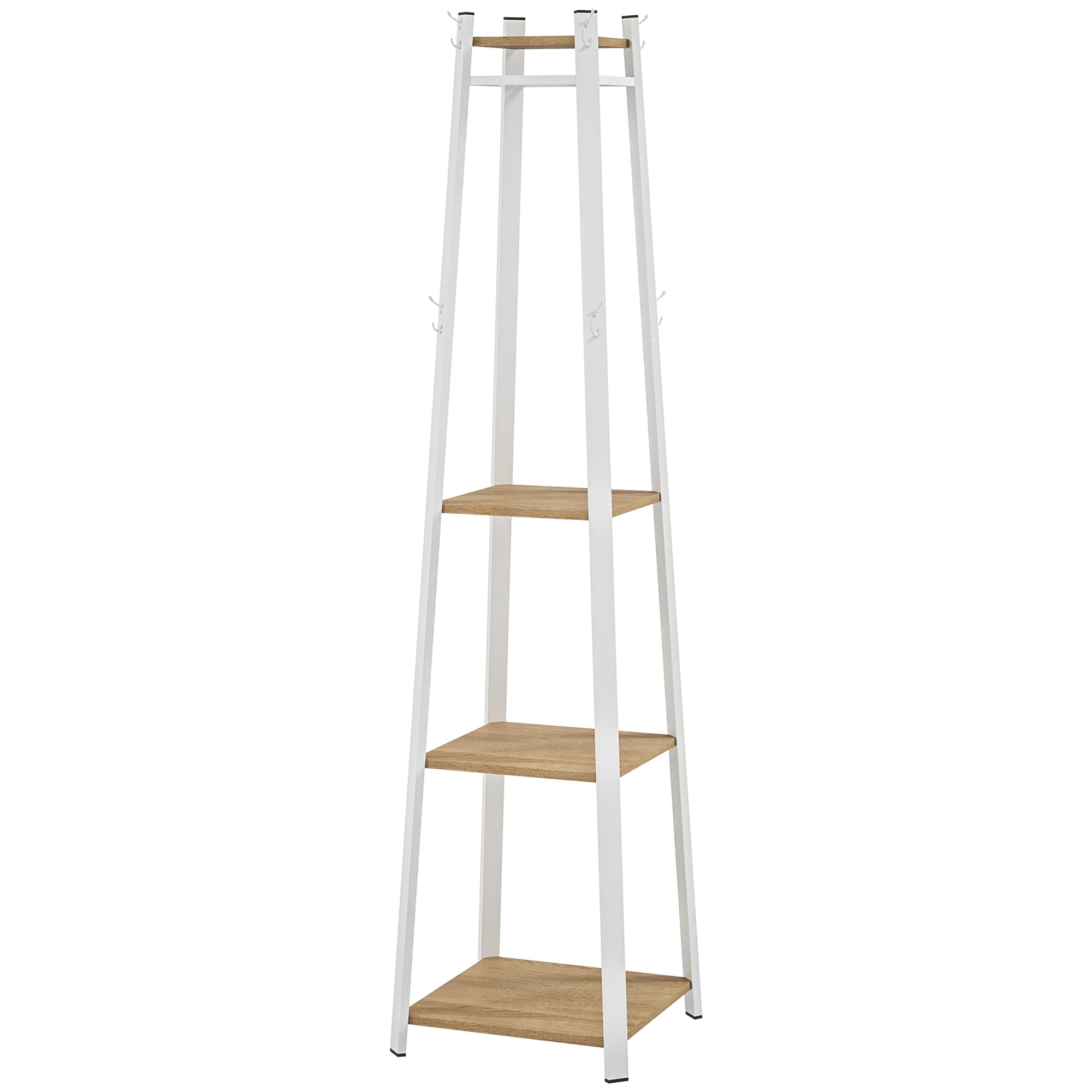 Kleiderständer, Trapez-Design, dreistufig, 8 Doppelhaken, Stahll, Weiß+Eiche