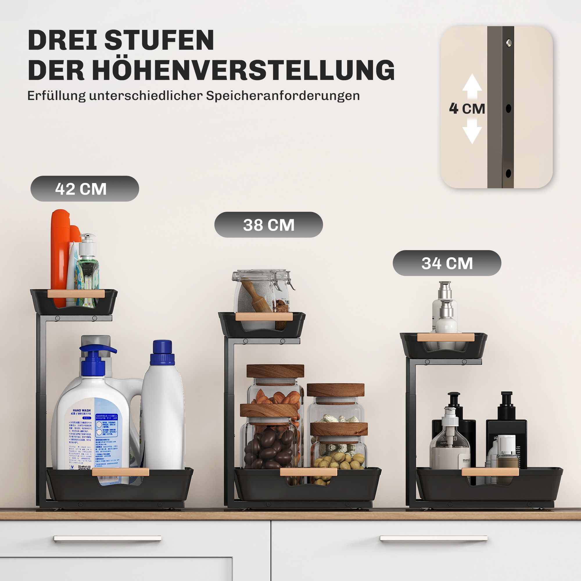 Küchenregal, Höhenverstellbar Standregal mit 2 Körbe, Kaffeebar 40 x 30 x 33,5-42 cm