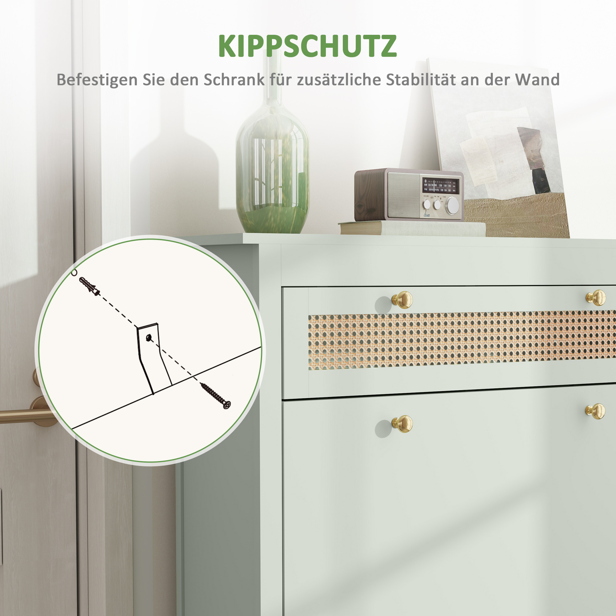 Schuhschrank für 12 Paar Schuhe, mit 1 ausziehbaren Schublade, 2 Flip-Schubladen, Schuhkommode, 88 x 30 x 120 cm, Grün