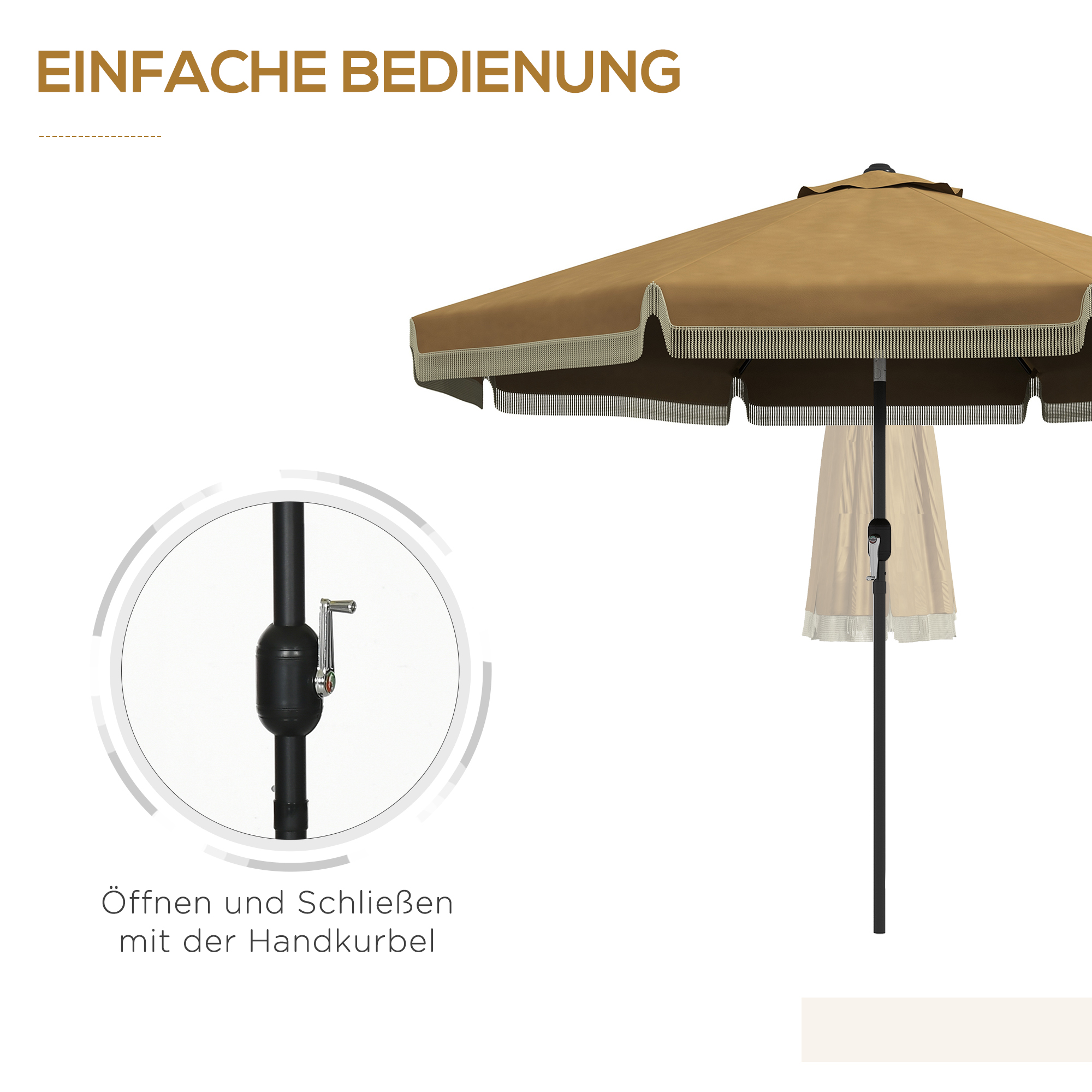 Sonnenschirm mit Fransendekor, Ø265 cm, neigbar, zweiteiliger Metallmast, Windhaube, Khaki/Schwarz