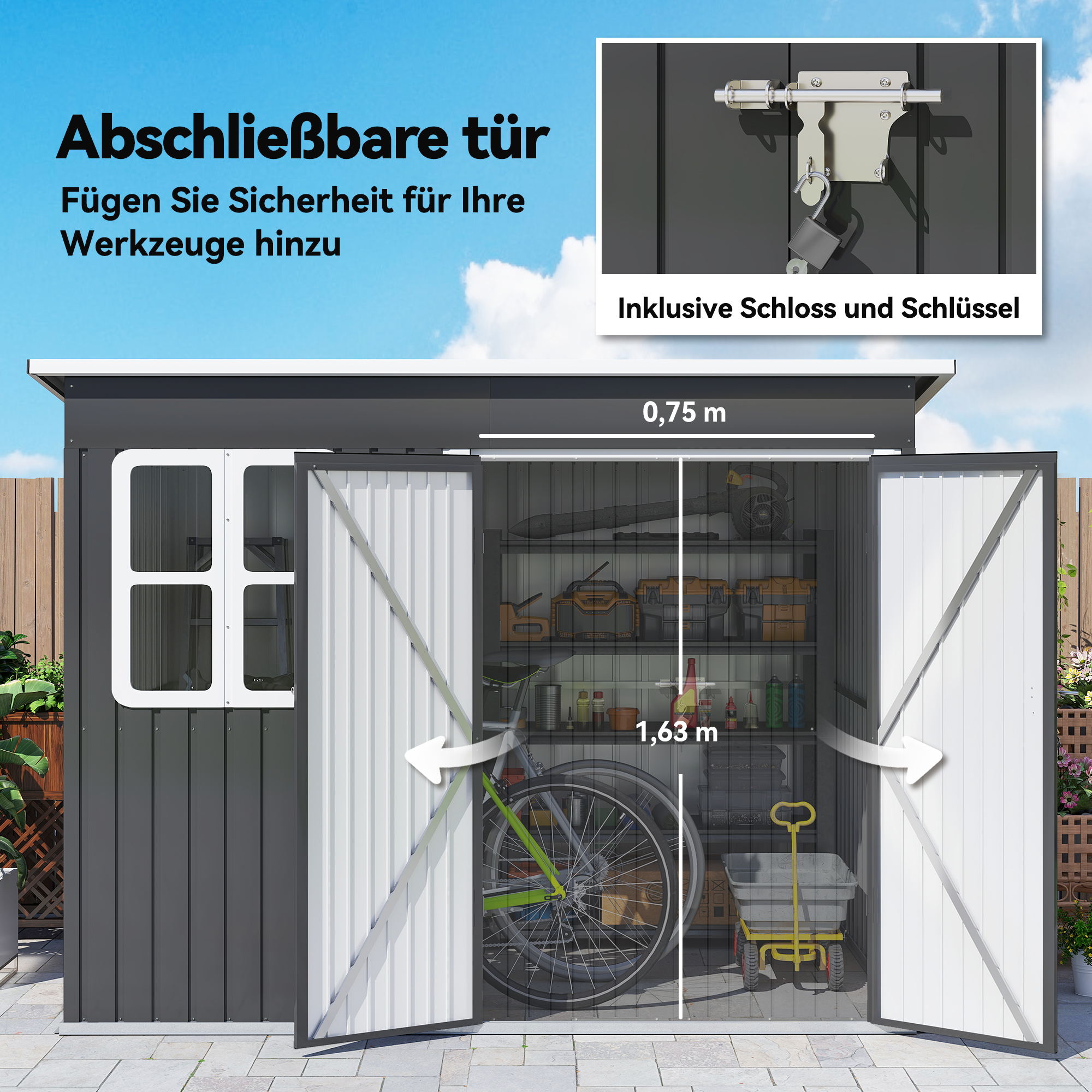 Metallschuppen zur Aufbewahrung von Gartengeräten, mit Fenster, breite Tür, 260 x 177 x 190 cm, Dunkelgrau