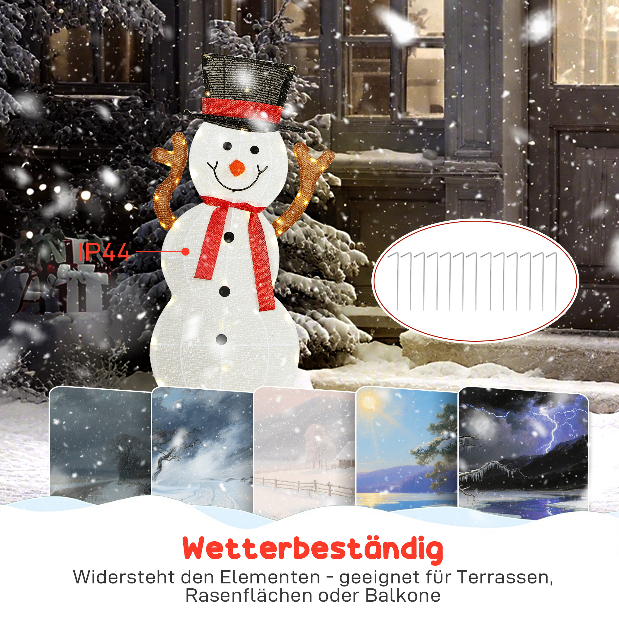 3-teilige weihnachtliche Schneemann-Familie, Außendekoration, LED-Lichter, Bodenpfähle, wasserfest, Stahl, Polyester, Weiß