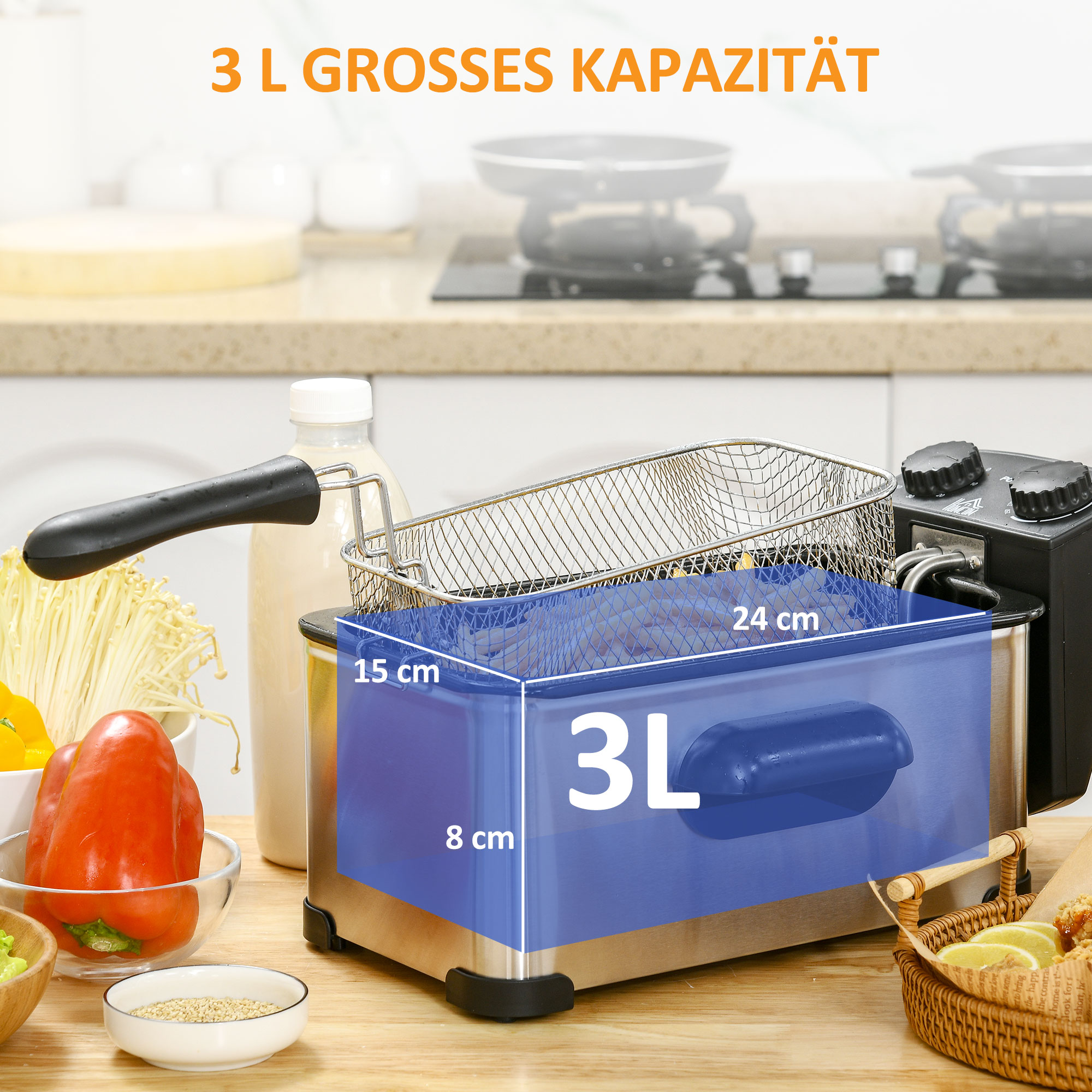 Fritteuse, 3 Liter, 2,000W Leistung, Klarsichtdeckel, kühler Griff, Schwarz