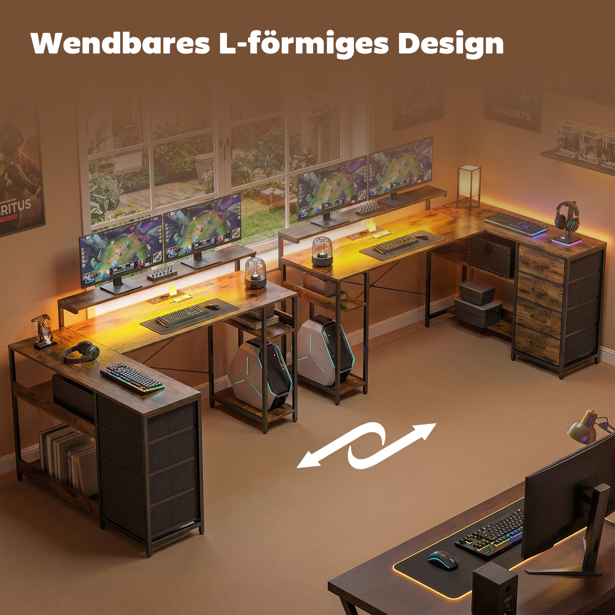 Gaming Tisch L-förmig Schreibtisch mit Stromanschluss LED-Beleuchtung 4 Schubladen Monitorständer 155x110x91,4 cm Braun