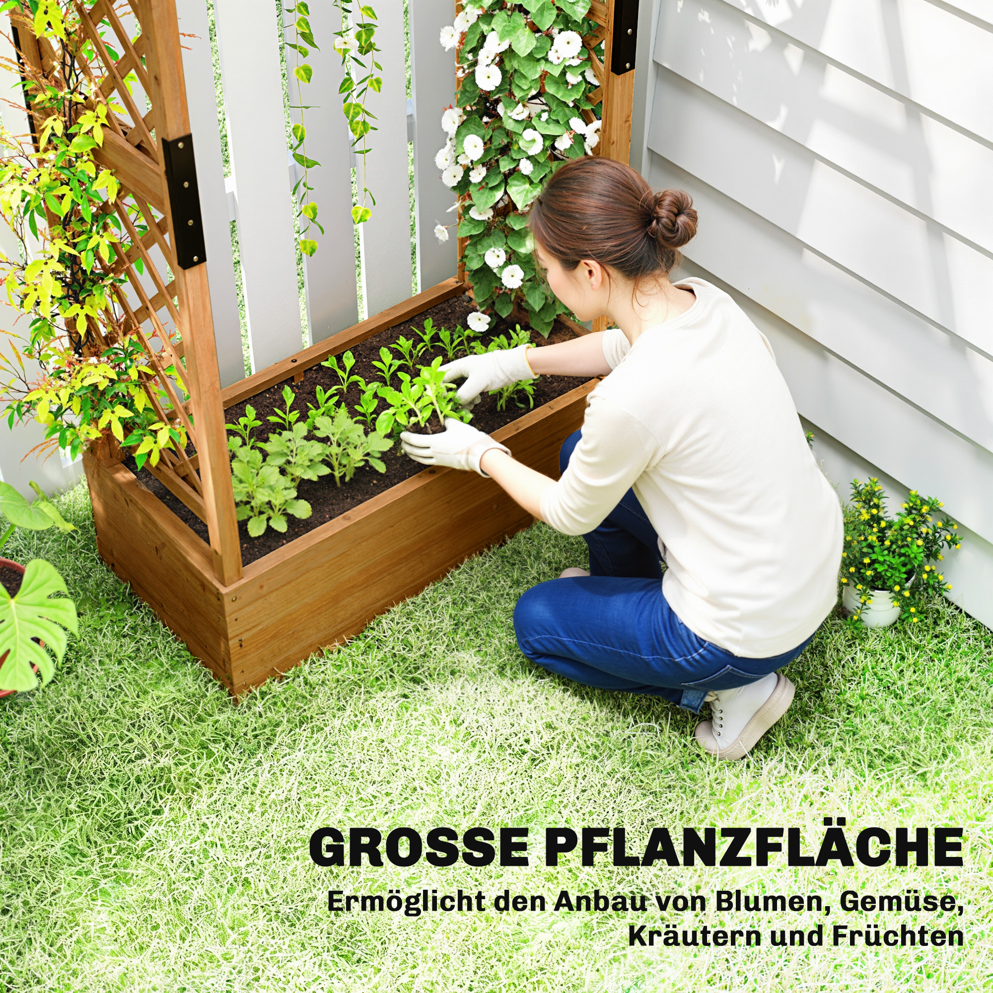 Hochbeet mit Rankengitter und Dach, für Blumen, Obst, Gemüse, Kräuter, 110 x 44 x 181 cm, Holz, Orange