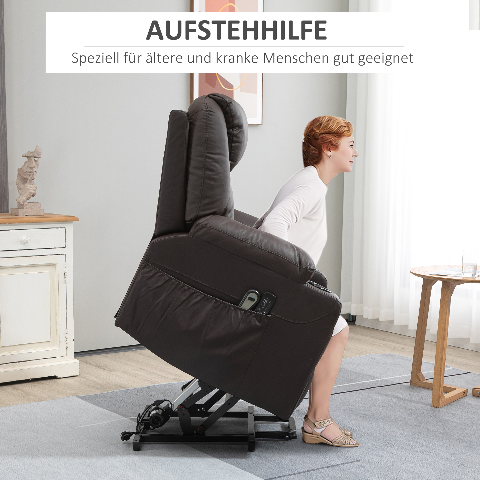 Massagesessel mit Aufstehhilfe, Liegefunktion, Kunstleder, bis 150 kg, 88 x 99 x 106 cm, Braun