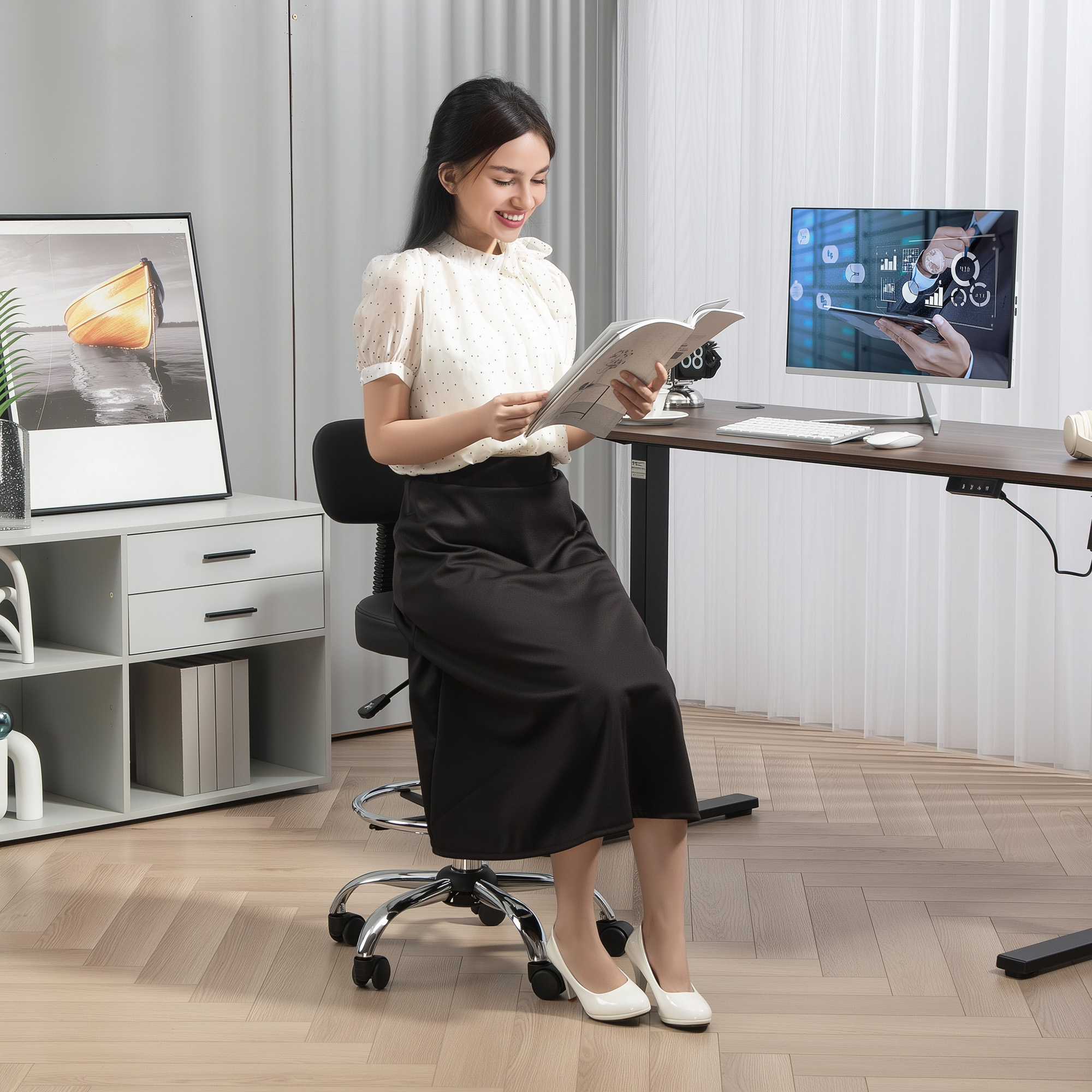 Bürostuhl, Kompakter Drehstuhl, höhenverstellbar, mit Fußstütze, 360° drehbar, Kunstleder, Metall, Schwarz