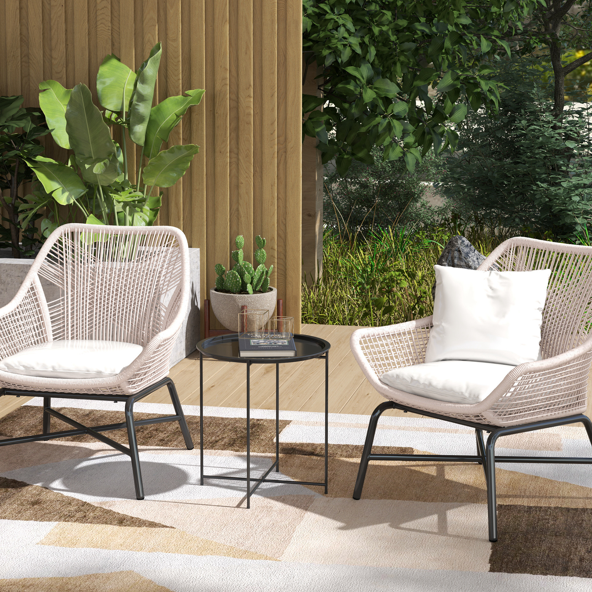 Gartentisch, Runder Außen-Beistelltisch aus Stahl mit herausnehmbarem Tablett, faltbares Design, Terrassentisch, Schwarz