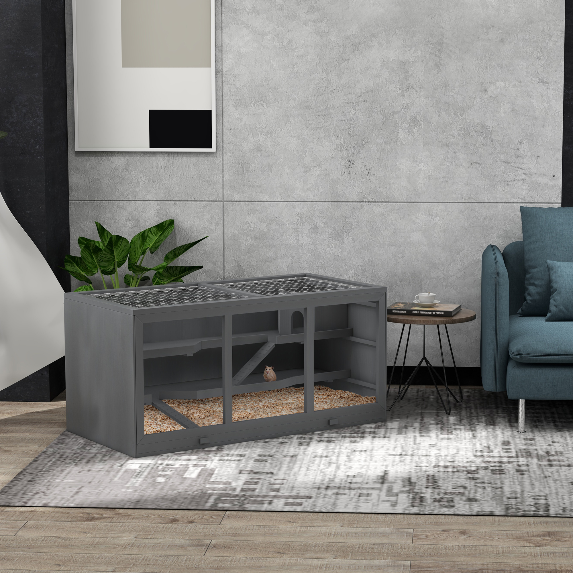 Zwerghamsterkäfig, Nagerkäfig, Kleintierbox, abschließbar, Holz, pflegeleicht, Grau