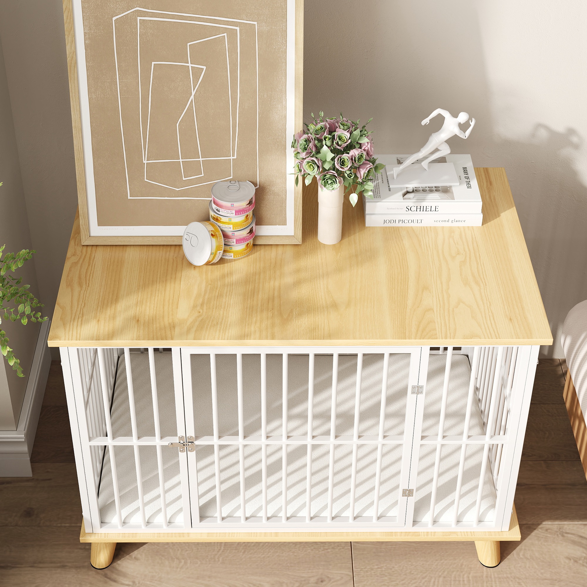 Hundebox mit Verriegelungstür, abnehmbares Kissen, gute Belüftung, Stahl, 86x60x70 cm, Weiß+Grau