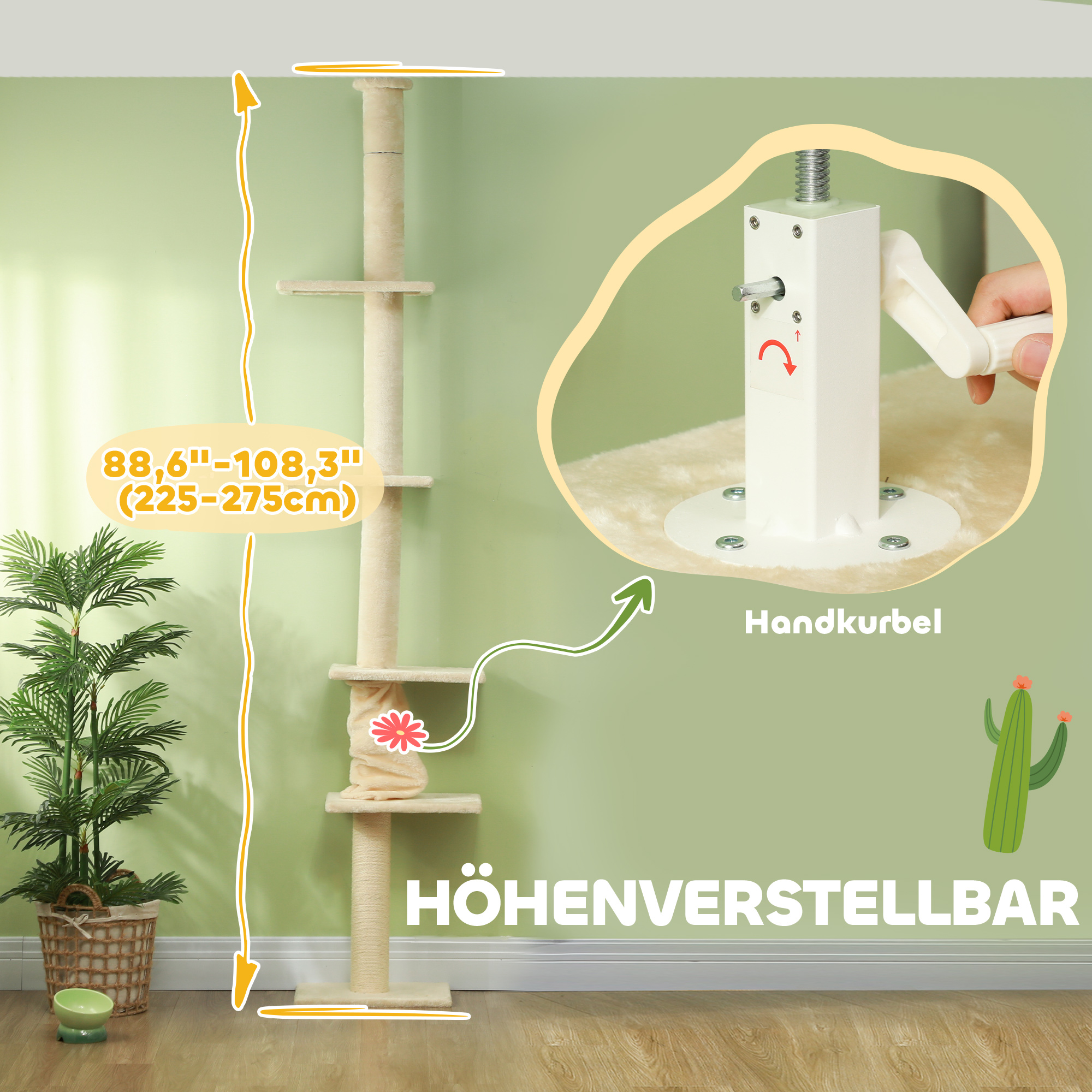 Kratzbaum, verstellbare Höhe 225-275 cm, stabile Basis, Kippschutz, Plüschbezug, Cremeweiß