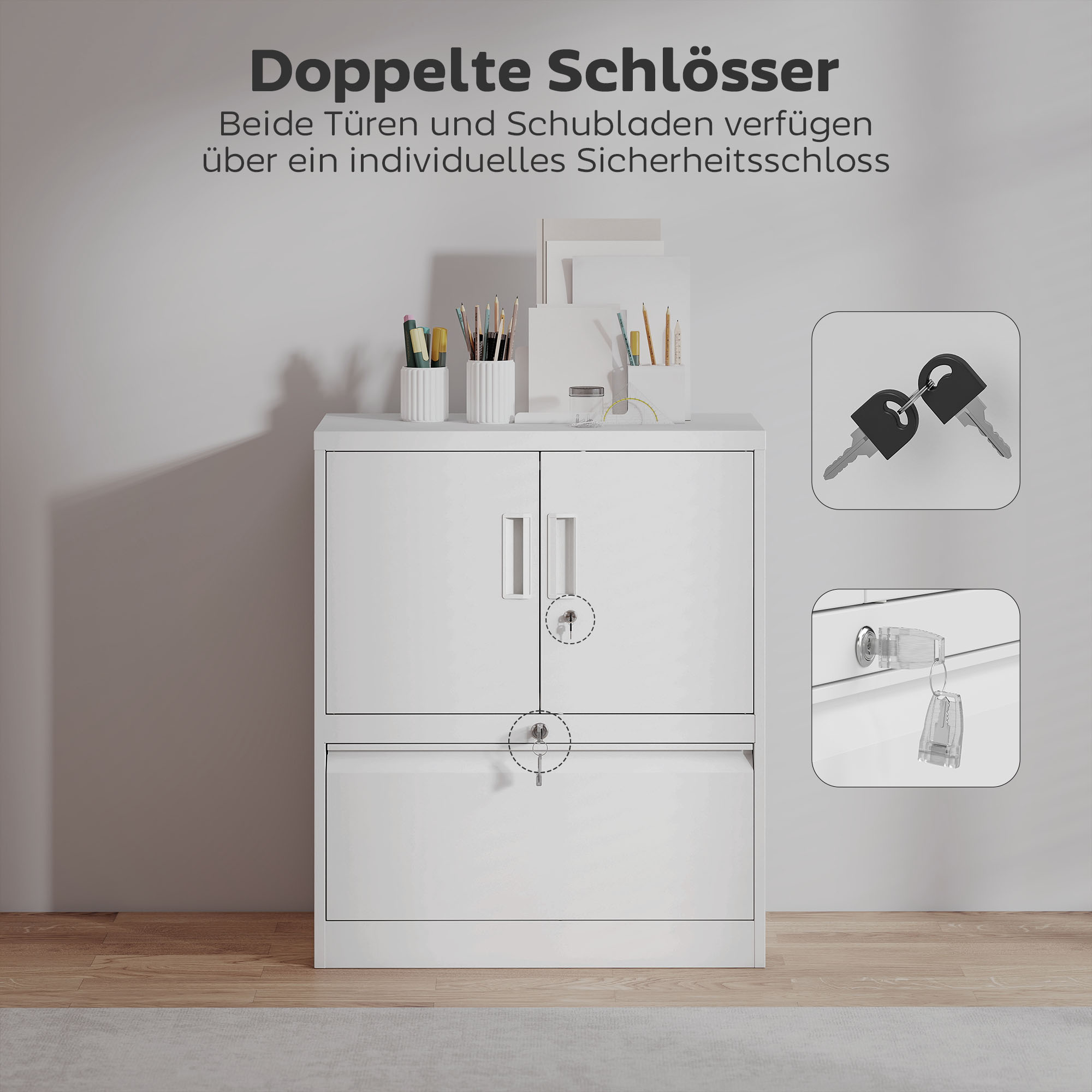 Aktenschrank Büroschrank Abschließbar Mehrzweckschrank aus Stahl mit 2 Türen, Verstellbaren Regalen Weiß