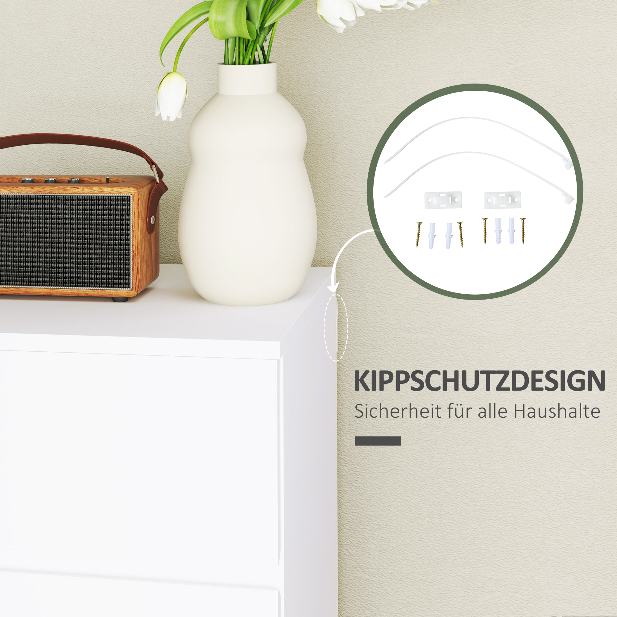 Kommode Sideboard Schubladenkommode, 4 Schubladen, 55 cm x 33 cm x 80 cm, Weiß