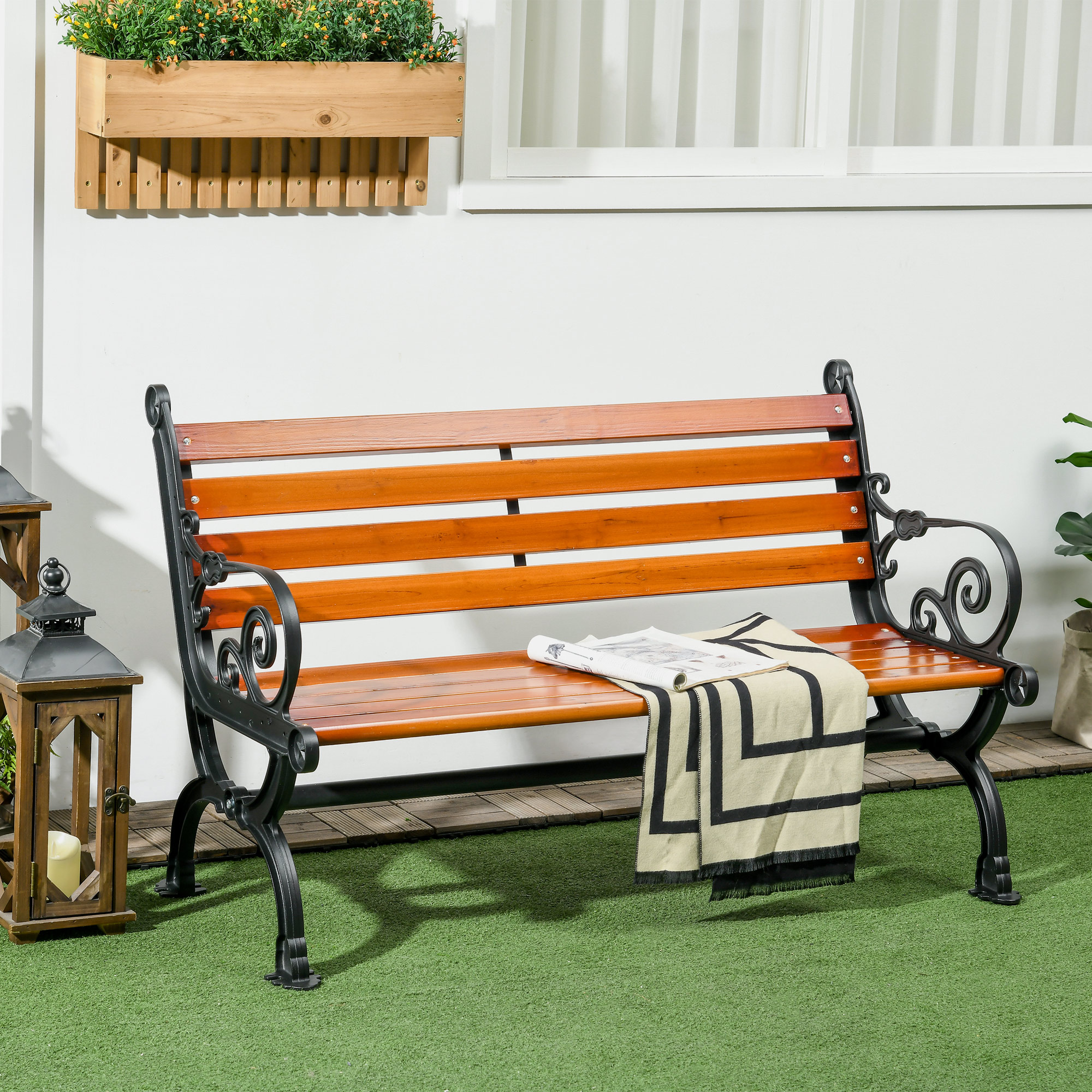 Sitzbank für 2 Personen, dekorative Armlehnen, für Garten & Terrasse, Gussaluminium+Naturholz, 120 x 64 x 79 cm, Teak
