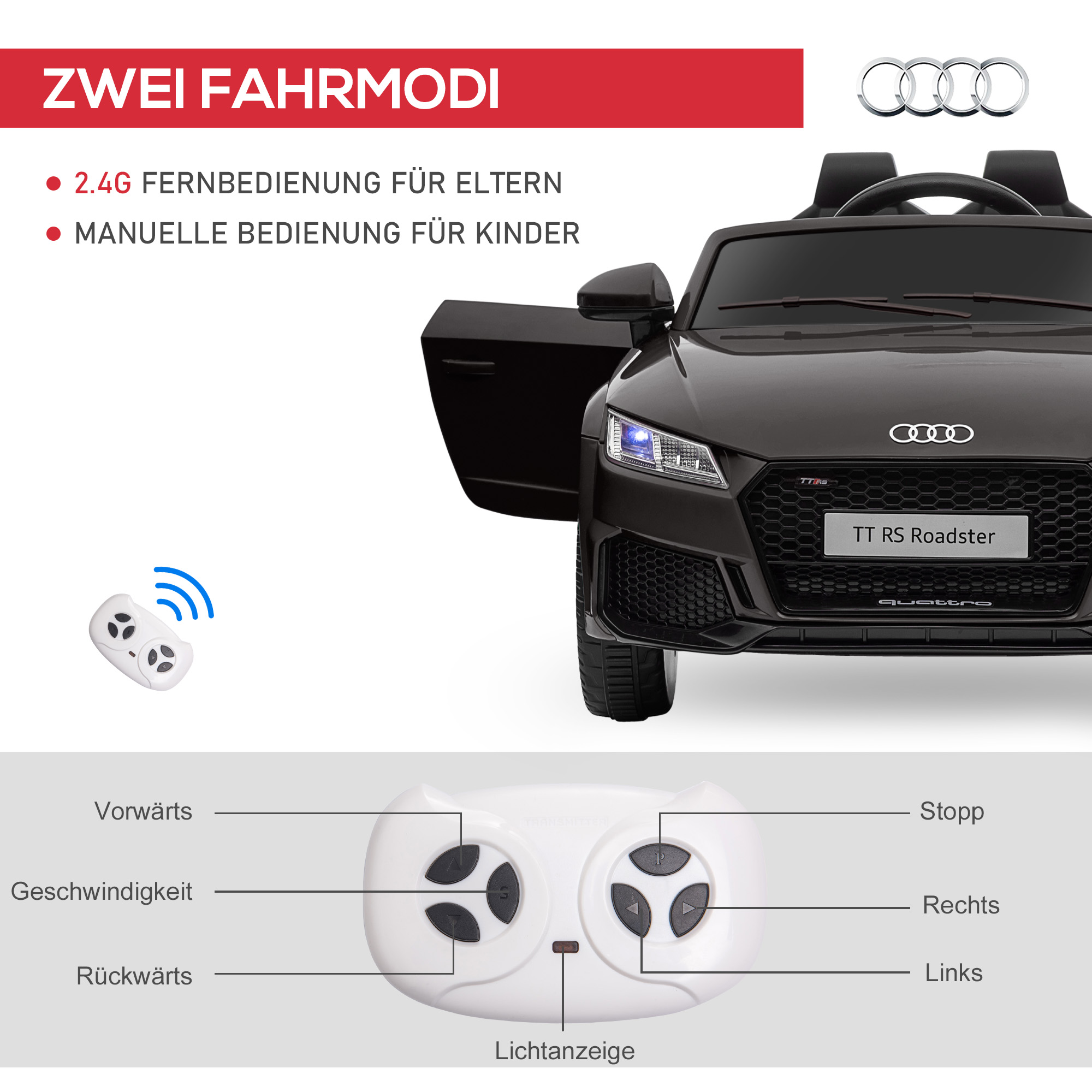 Kinder-Elektroauto Audi, mit 2,4G Fernbedienung, Musik, Hupe, LED, USB, für Kinder 3-5 Jahre, Schwarz