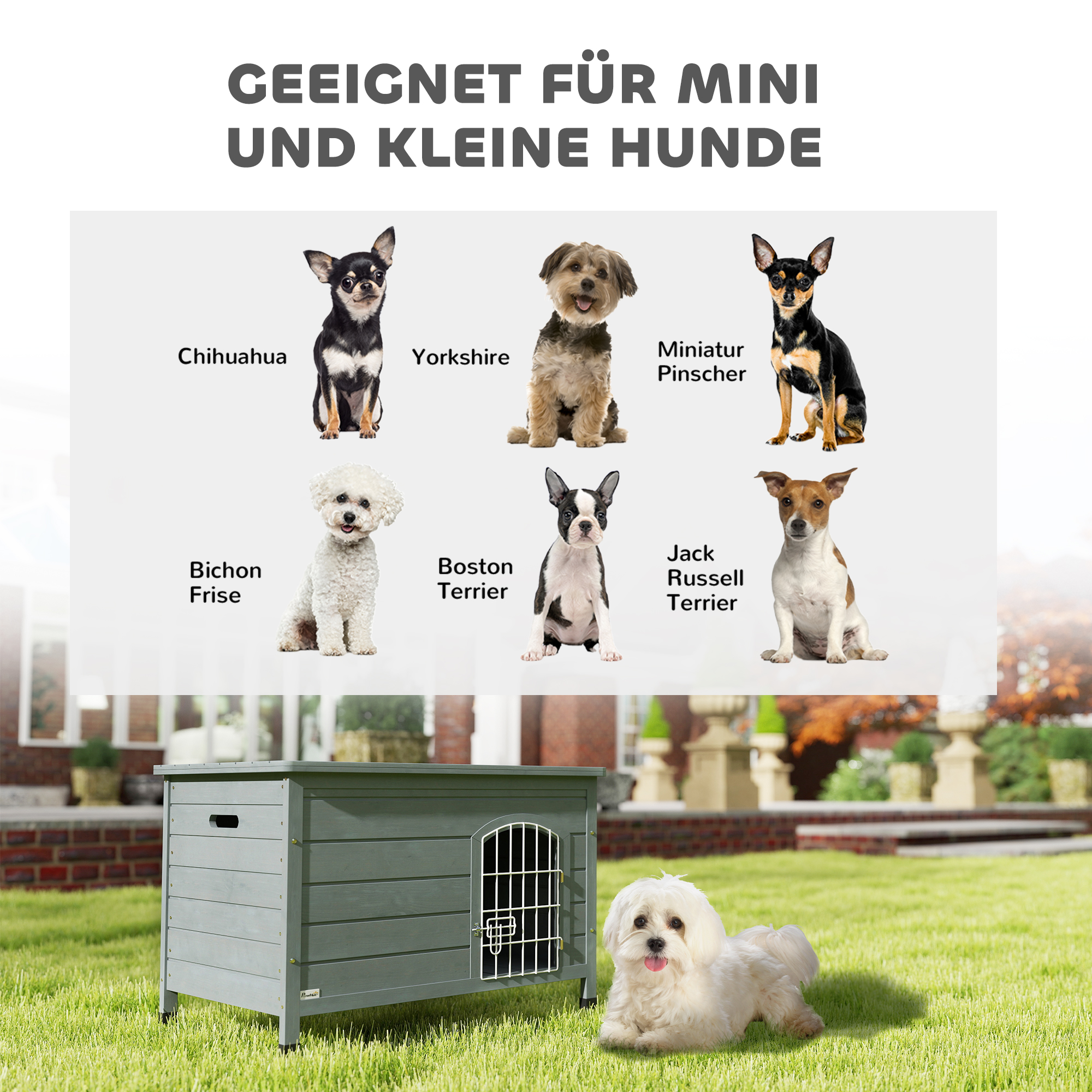 Hundehütte, Hundehaus mit Tür, Hundebox, Haustierhütte, Tannenholz, Dunkelgrau