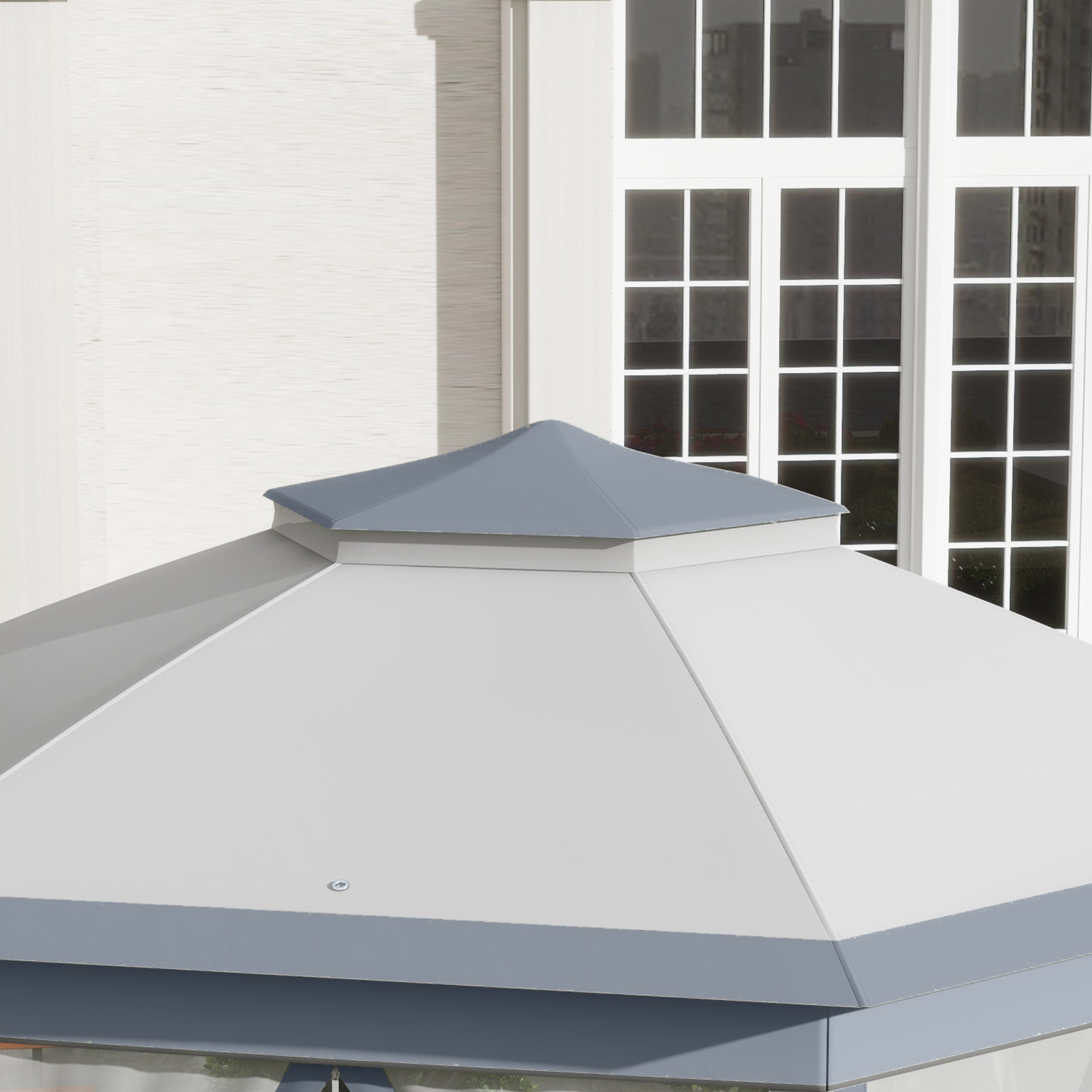 Faltpavillon 4 x 4m, Sechseck-Design, Netzvorhänge, wasserabweisend, Lüftungsdach, Grau+Weiß