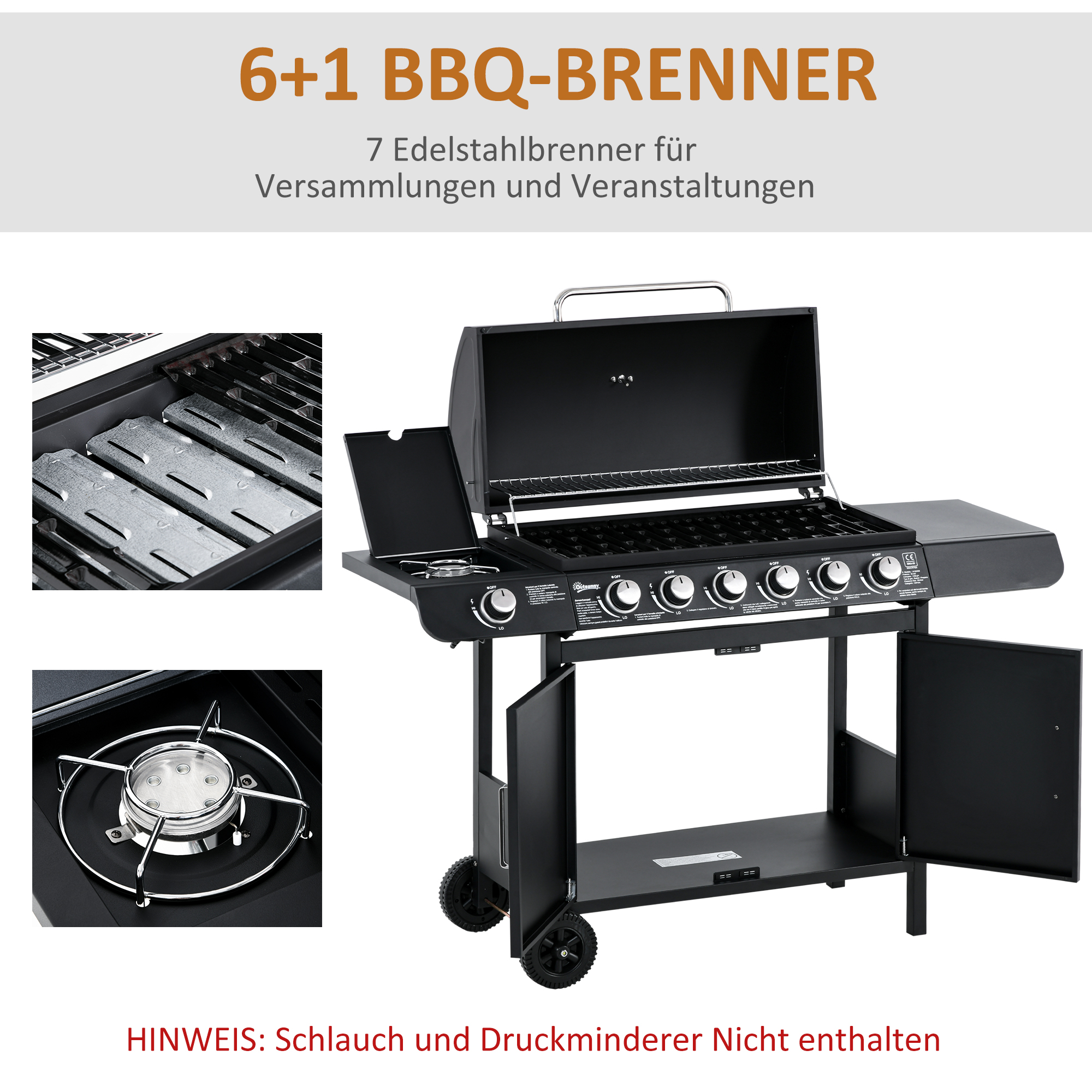 Gasgrill mit 7 Brennern, inkl. Thermometer,  BBQ -Grill, mobiler Grill, Schwarz