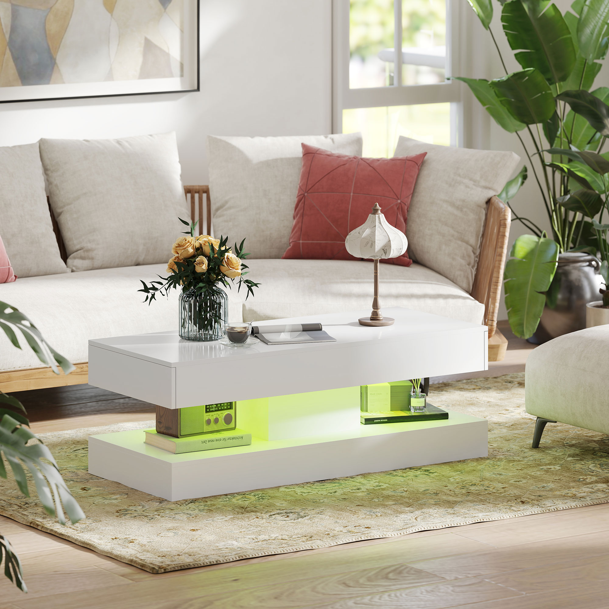 Wohnzimmertisch mit Schubladen und LED-Lichtern, moderner Sofatisch mit offener Ablage, Couchtisch, Spanplatte, Weiß